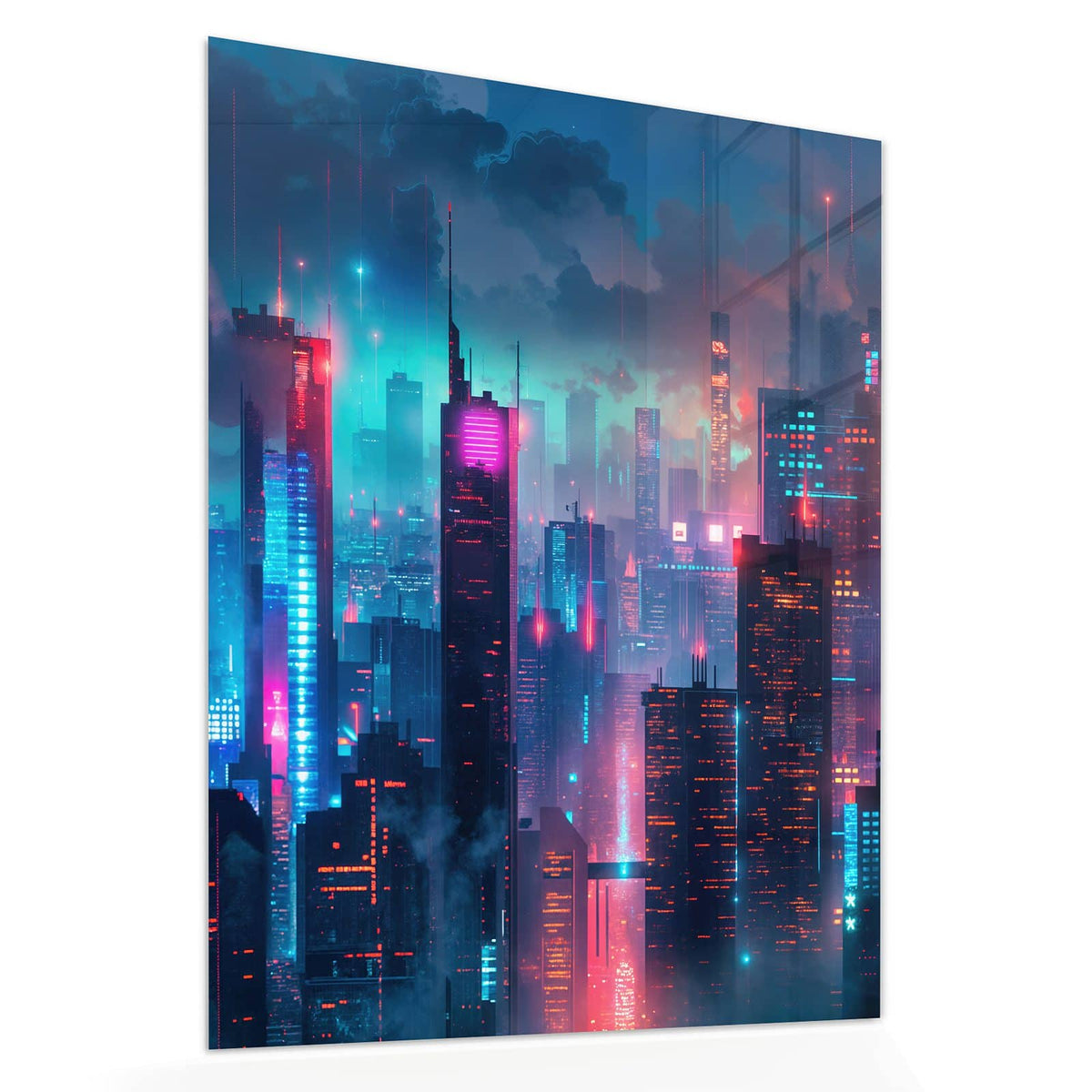Echtglas, 4 mm – kein Acryl, keine Folie – Wandbild - Neon Skyline bei Nacht - Hochformat