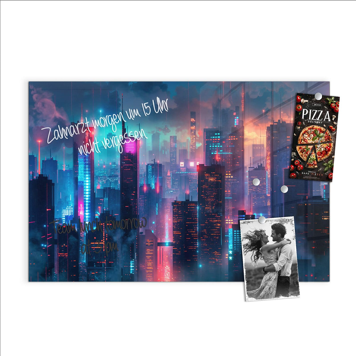 Beschreiben, abwischen, anheften – Magnettafel - Neon Skyline bei Nacht