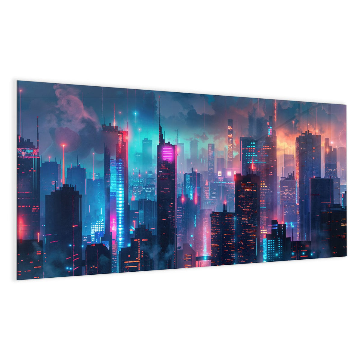 Nächtliche Skyline aus Hochhäusern in blauem, pinkem und türkisem Neonlicht
