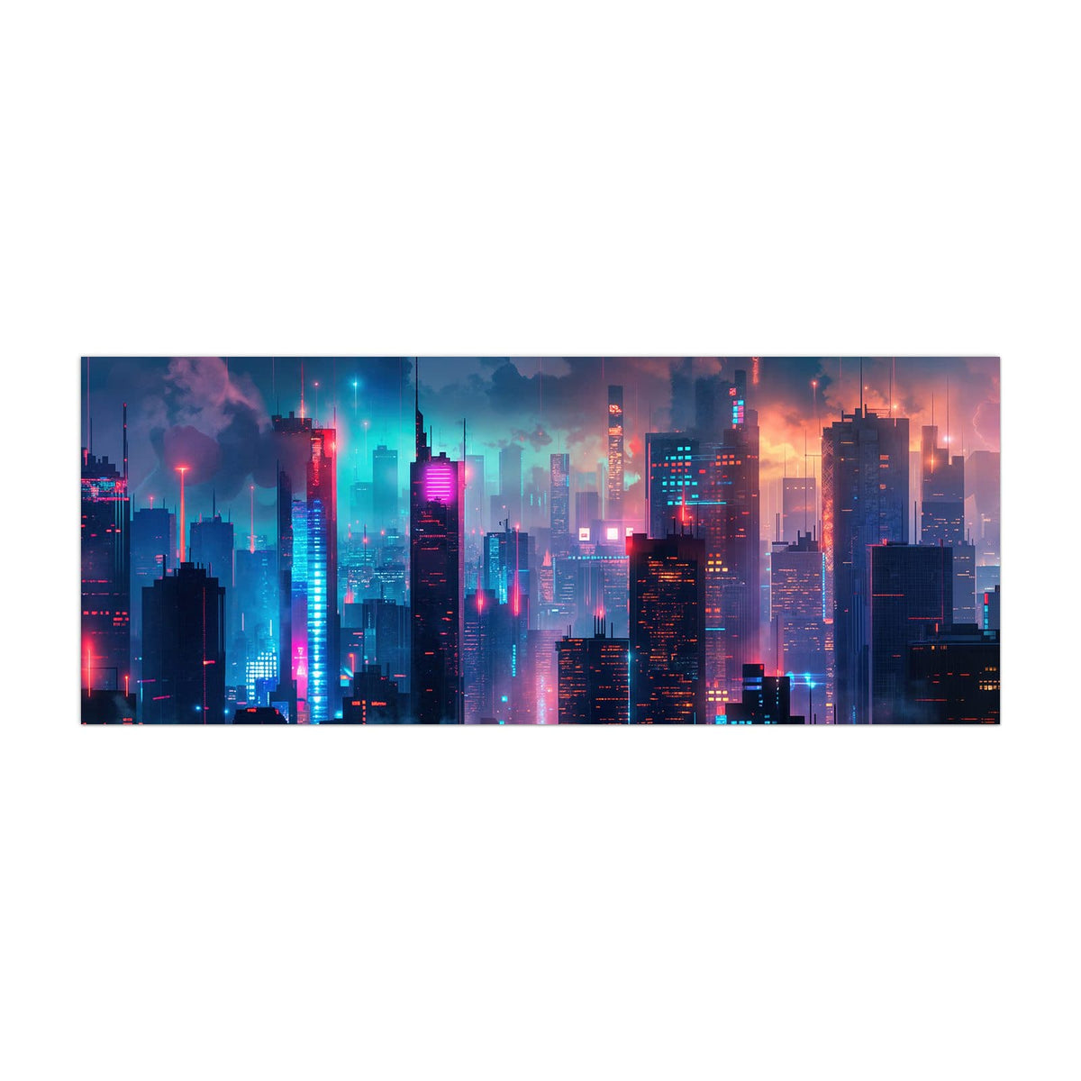 Küchenrückwand aus Glas Neon Skyline bei Nacht im Hochformat, Motiv bildfüllend von vorn