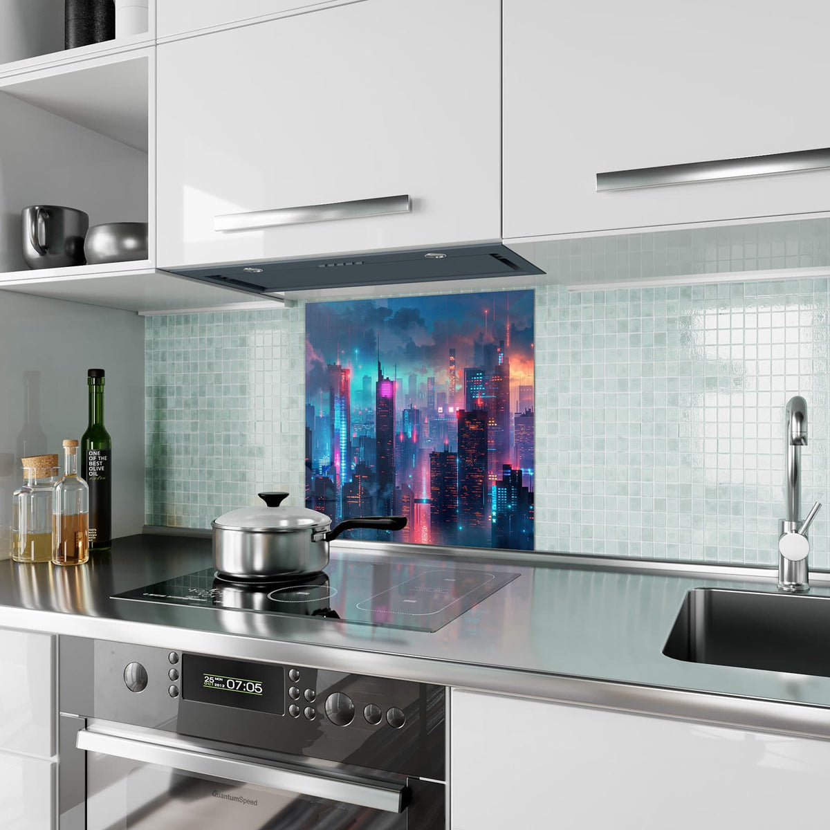 Küchenrückwand aus Glas Neon Skyline bei Nacht im quadratischen Format als Spritzschutz hinter dem Kochfeld, über dem Fliesenspiegel montiert