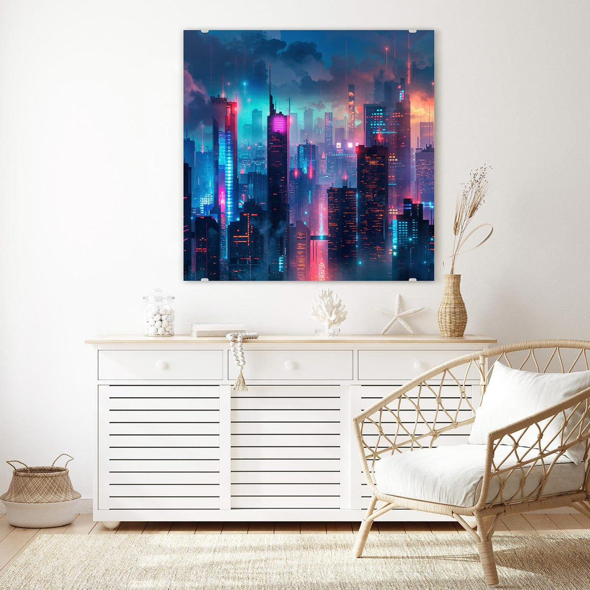 Glasbild Neon Skyline bei Nacht an der Wand – Nächtliche Skyline aus Hochhäusern in blauem, pinkem und türkisem Neonlicht