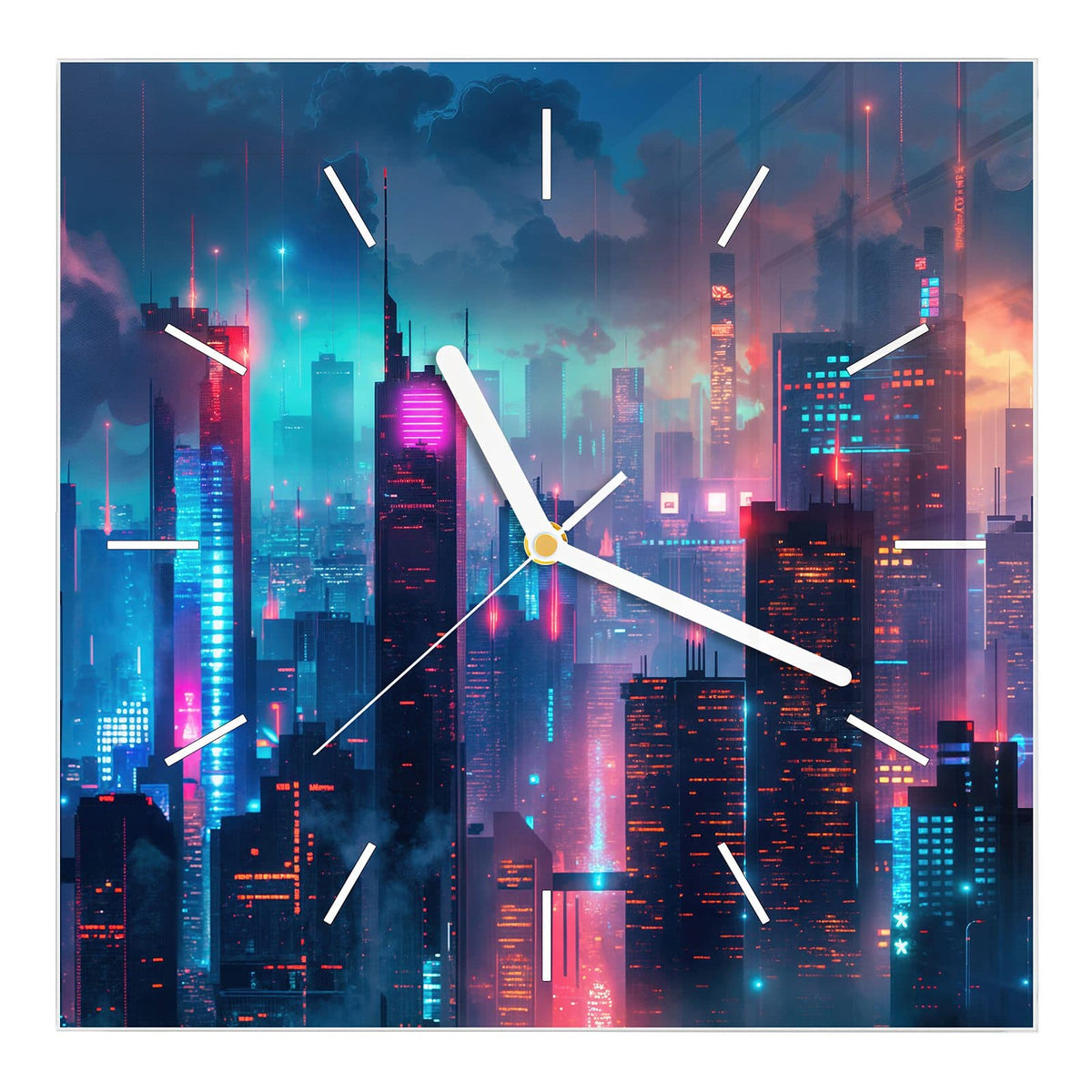 Wanduhr aus Glas, Ziffernblatt Linie: Nächtliche Skyline aus Hochhäusern in blauem, pinkem und türkisem Neonlicht