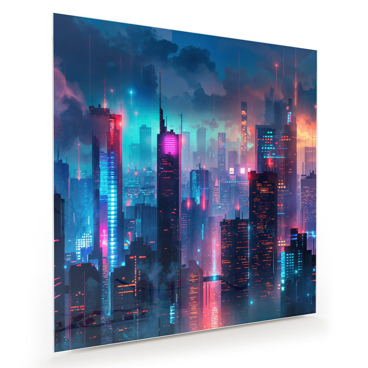Nächtliche Skyline aus Hochhäusern in blauem, pinkem und türkisem Neonlicht