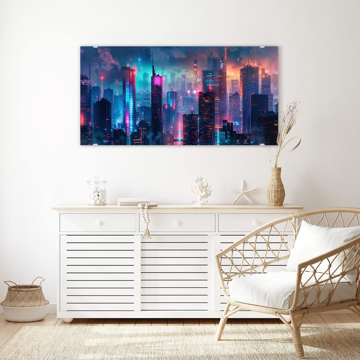 Echtglas, 4 mm – kein Acryl, keine Folie – Wandbild - Neon Skyline bei Nacht - Querformat