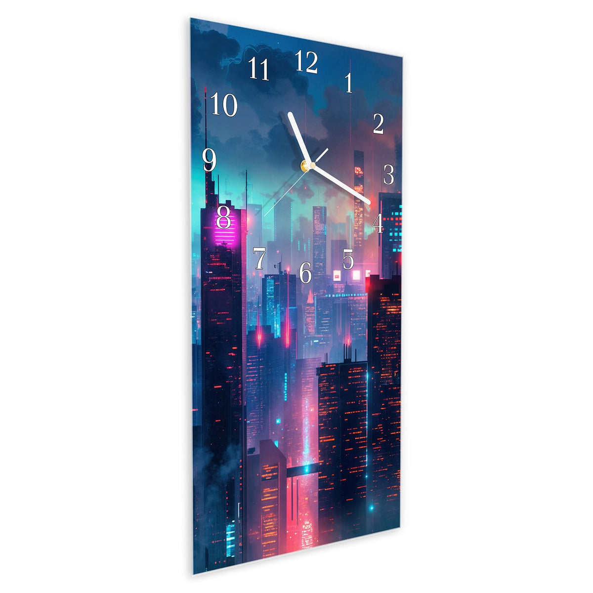 Vormontiert – mit Schwebeeffekt – Wanduhr Zukunftsstadt aus Glas – Hochformat 30 × 60 cm