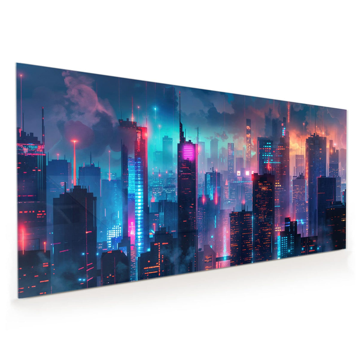 Küchenrückwand aus Glas im Hochformat: Nächtliche Skyline aus Hochhäusern in blauem, pinkem und türkisem Neonlicht