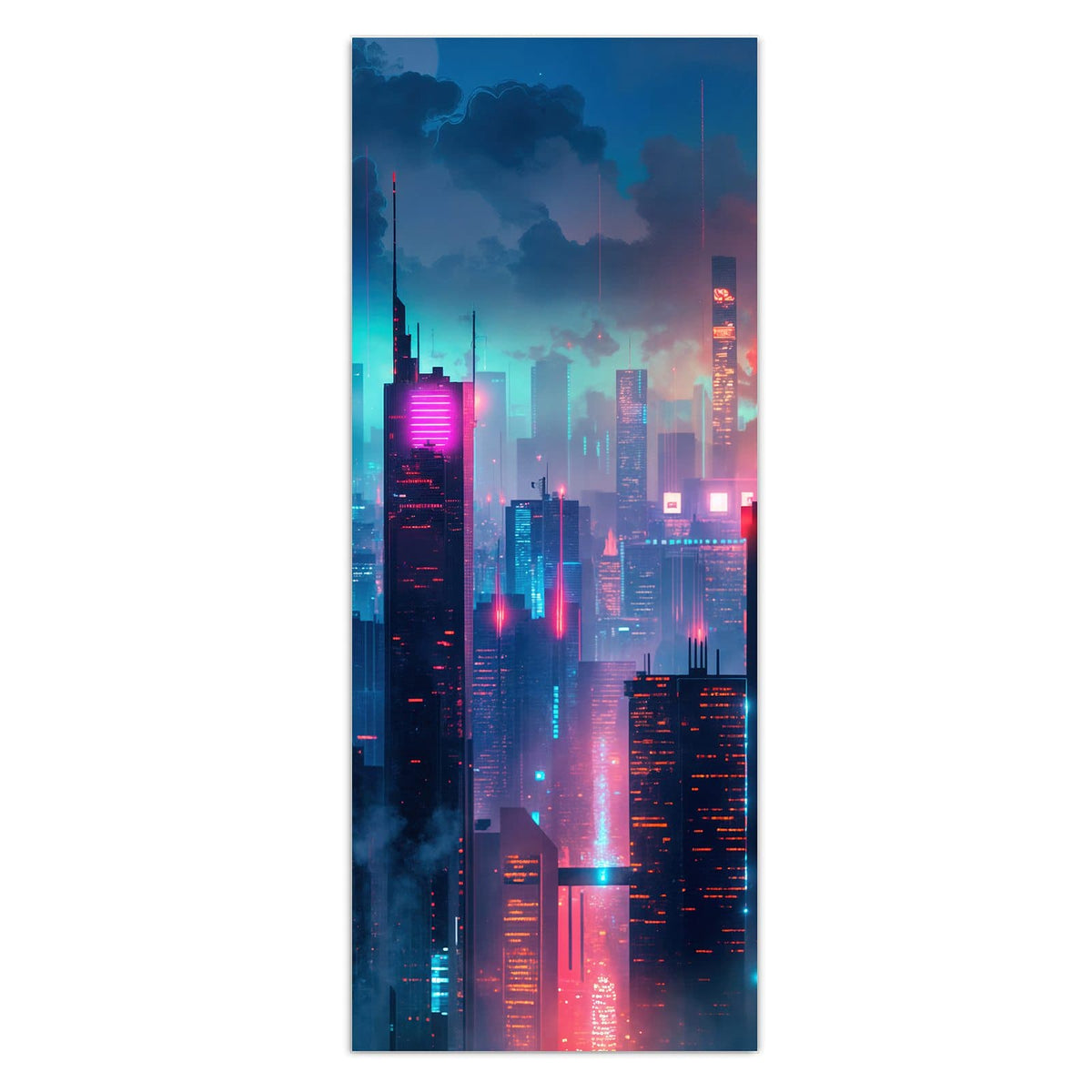 Wandbild - Neon Skyline bei Nacht - Hochformat – Neonleuchtende Skyline bei Nacht