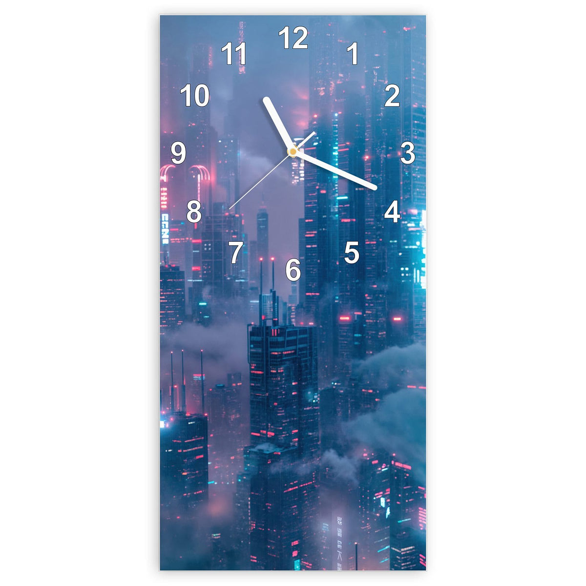 Wanduhr aus Glas, Ziffernblatt Modern: Wolkenkratzer in Nebel, Neonlicht in Pink und Türkis