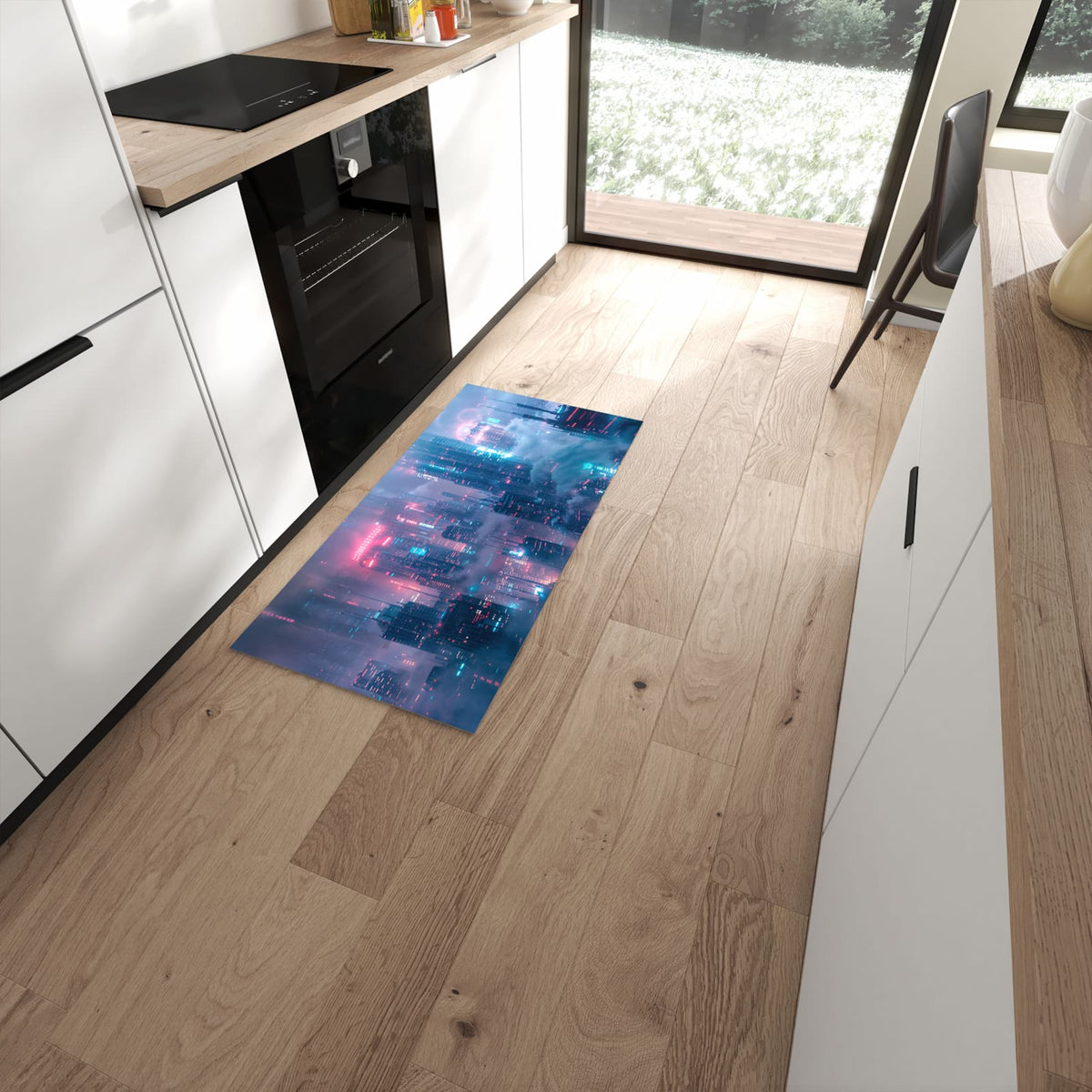 Wasserabweisender Küchenläufer mit Motiv Futuristische Stadt in moderner Küche #grösse_60 x 120 cm