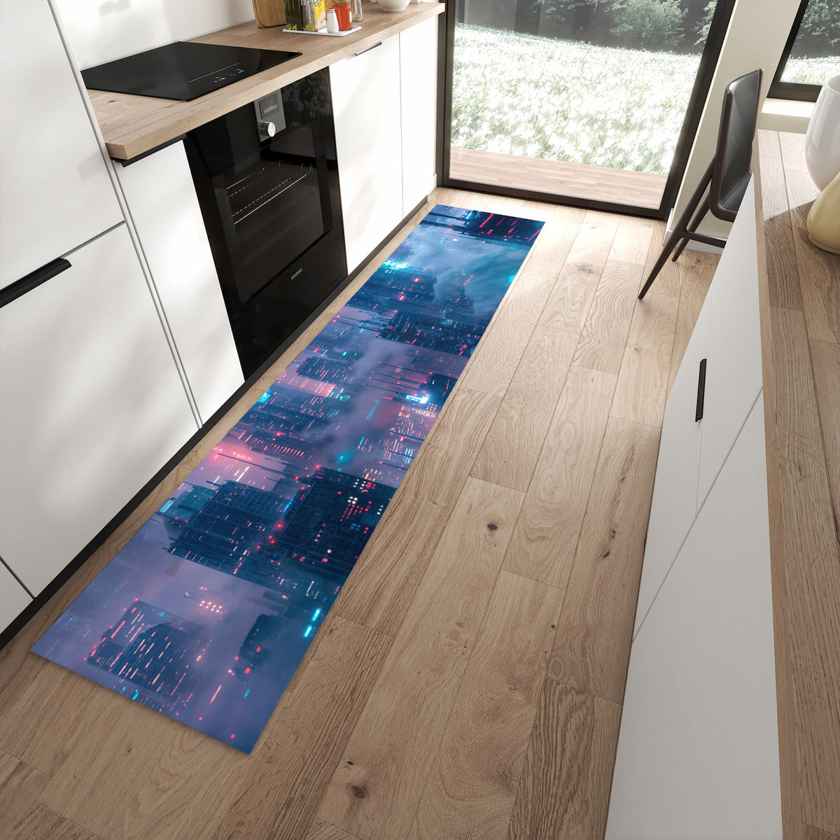 Langlebiger Küchenteppich mit Motiv Futuristische Stadt in moderner Küche