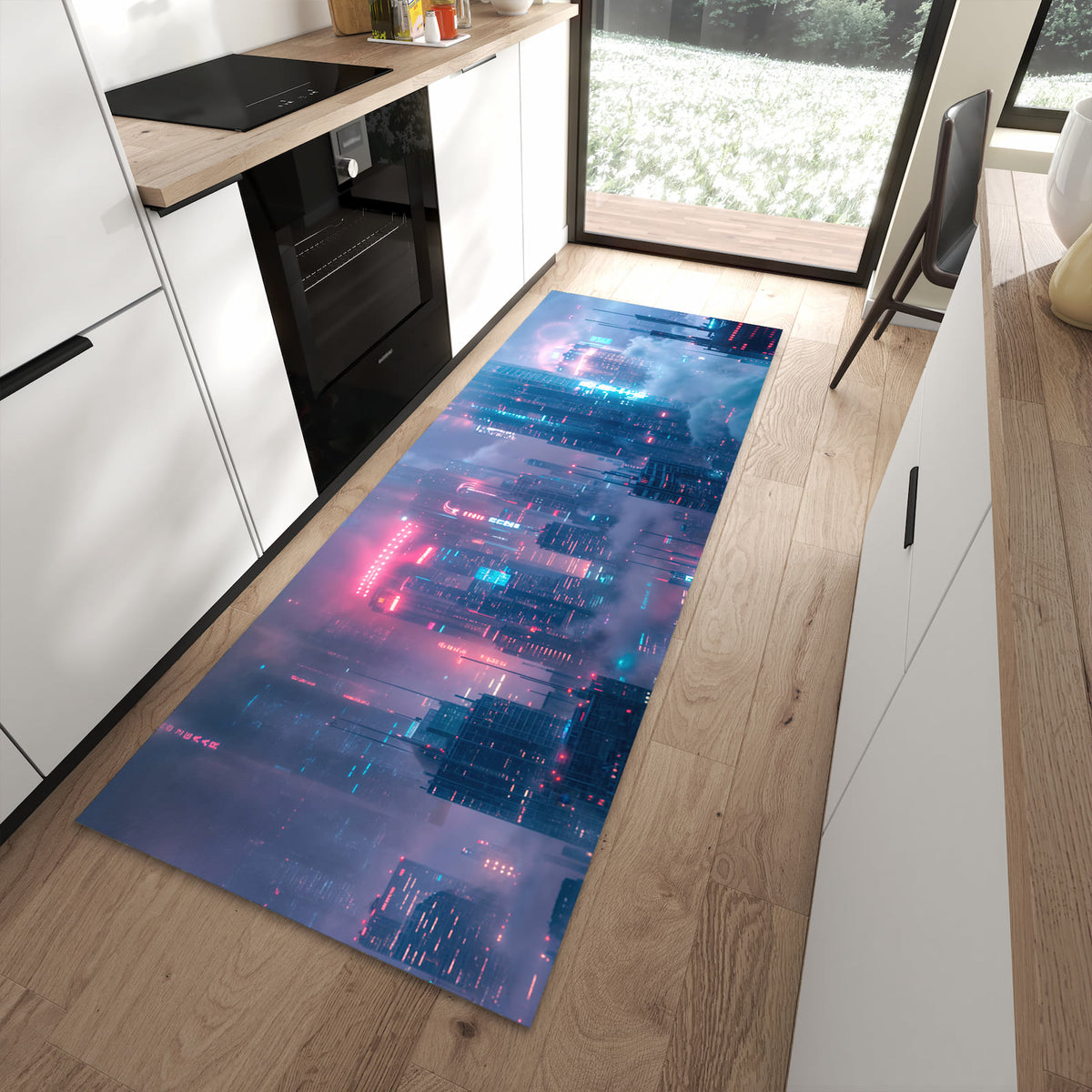 Strapazierfähiger Küchenläufer mit Motiv Futuristische Stadt in moderner Küche