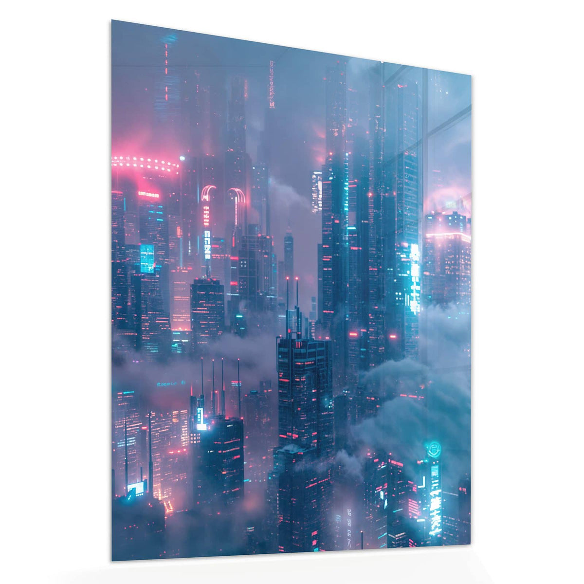Echtglas, 4 mm – kein Acryl, keine Folie – Wandbild - Wolkenkratzer in Neon - Hochformat
