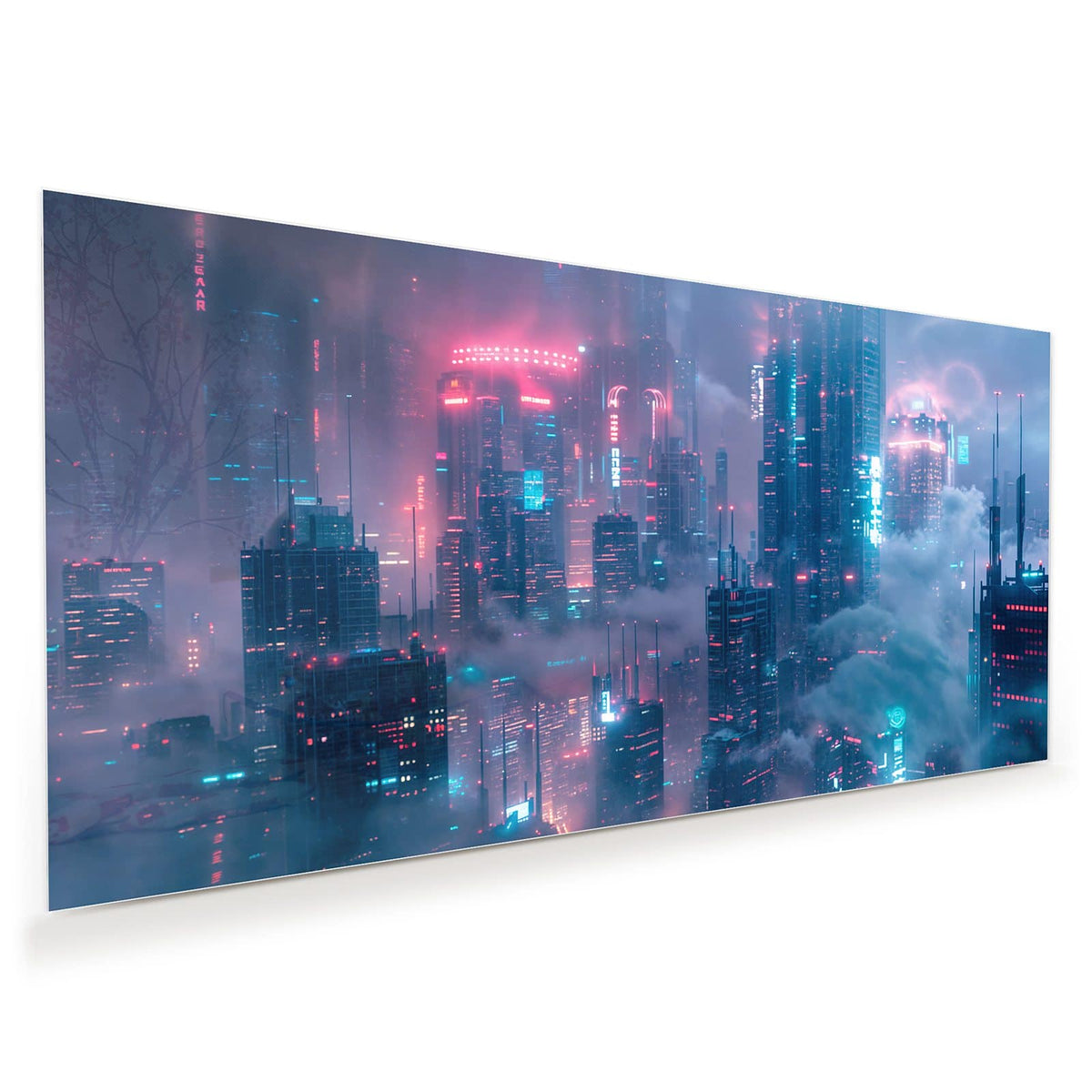 Wolkenkratzer in Nebel, Neonlicht in Pink und Türkis