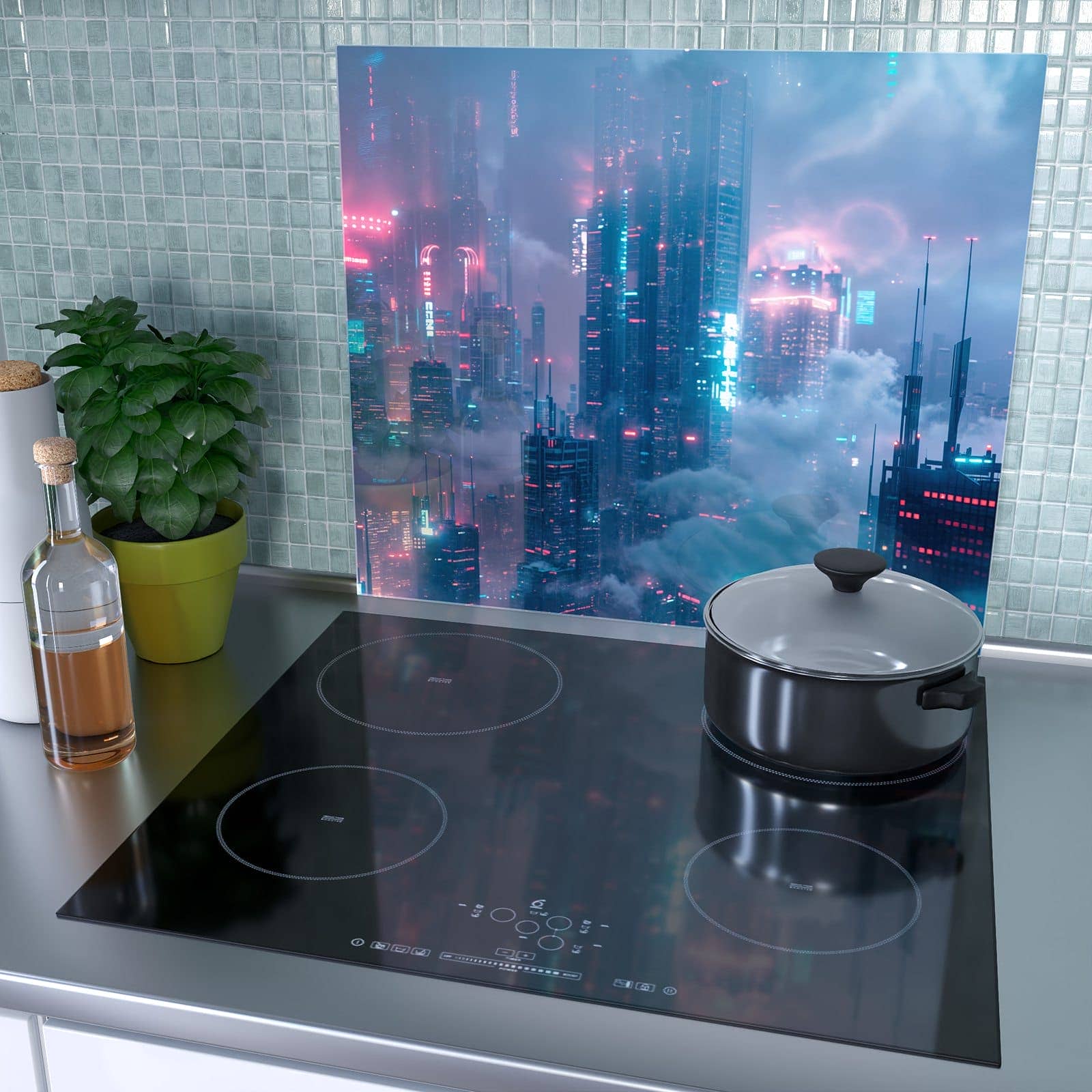 1-teilige Herdabdeckplatte für Ceranfeld mit Futuristische Stadt-Motiv als Spritzschutz