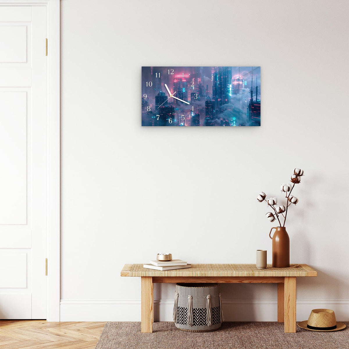 Moderne Wanduhr aus Glas mit Farbtiefe – Wanduhr Futuristische Stadt aus Glas – Querformat 60 × 30 cm