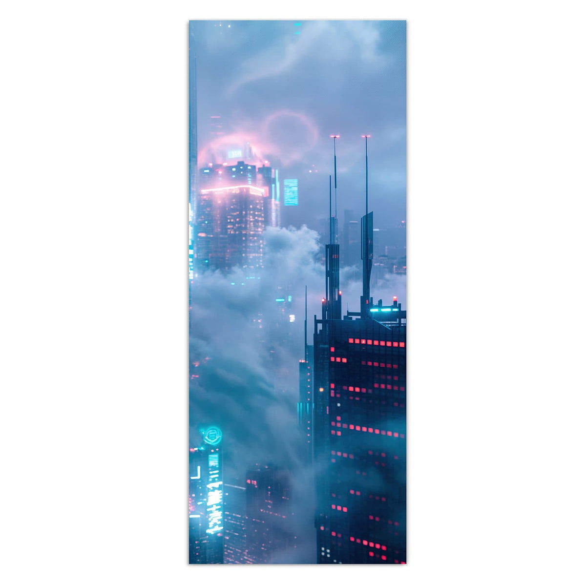 Wolkenkratzer in Nebel, Neonlicht in Pink und Türkis