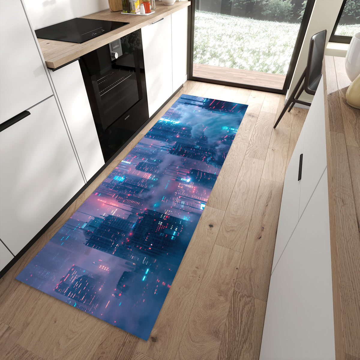 Rutschfester Küchenteppich mit Motiv Futuristische Stadt in moderner Küche