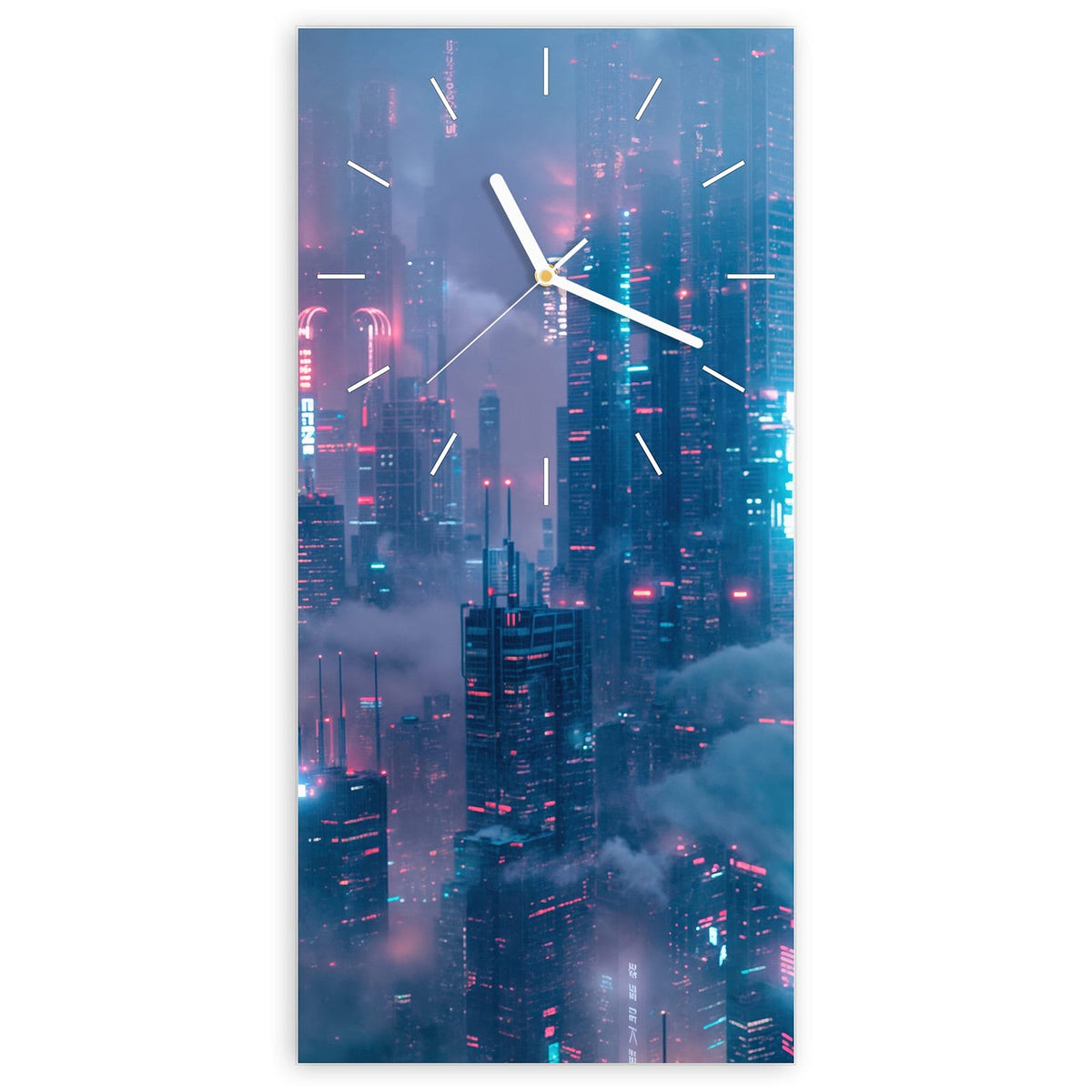 Wanduhr aus Glas, Ziffernblatt Linie: Wolkenkratzer in Nebel, Neonlicht in Pink und Türkis