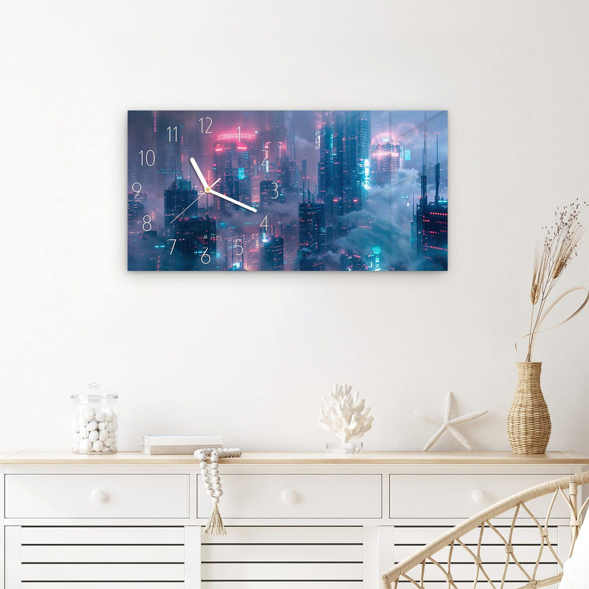 Wanduhr Futuristische Stadt aus Glas – Querformat 60 × 30 cm – Wolkenkratzer in Neonblau und Pink
