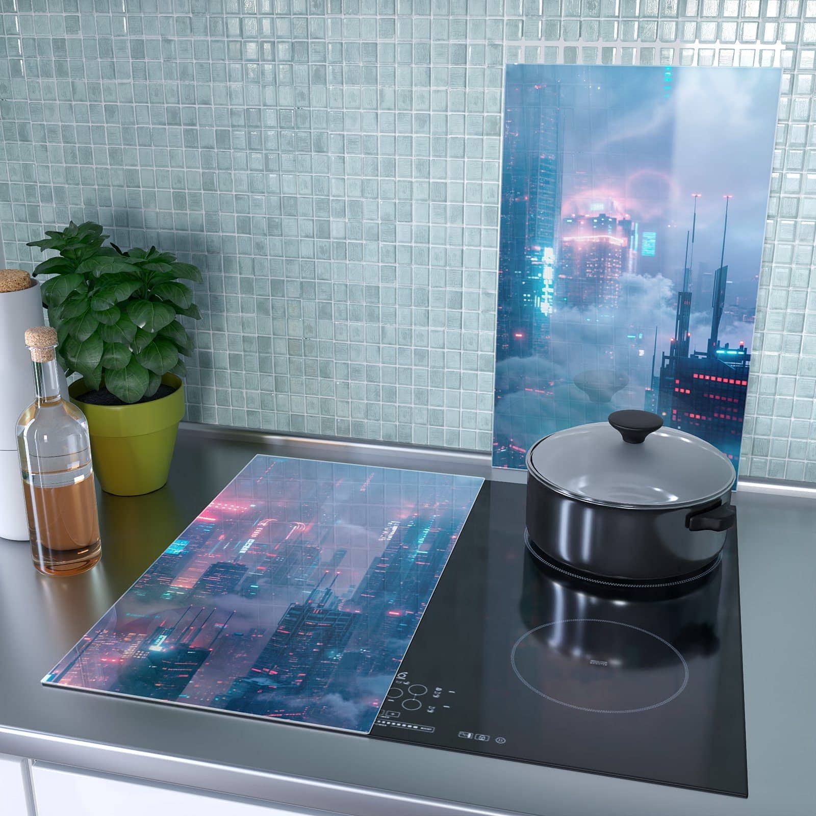 2-teilige Abdeckplatten Ceranfeld mit Futuristische Stadt-Motiv als Spritzschutz hinter dem Kochfeld