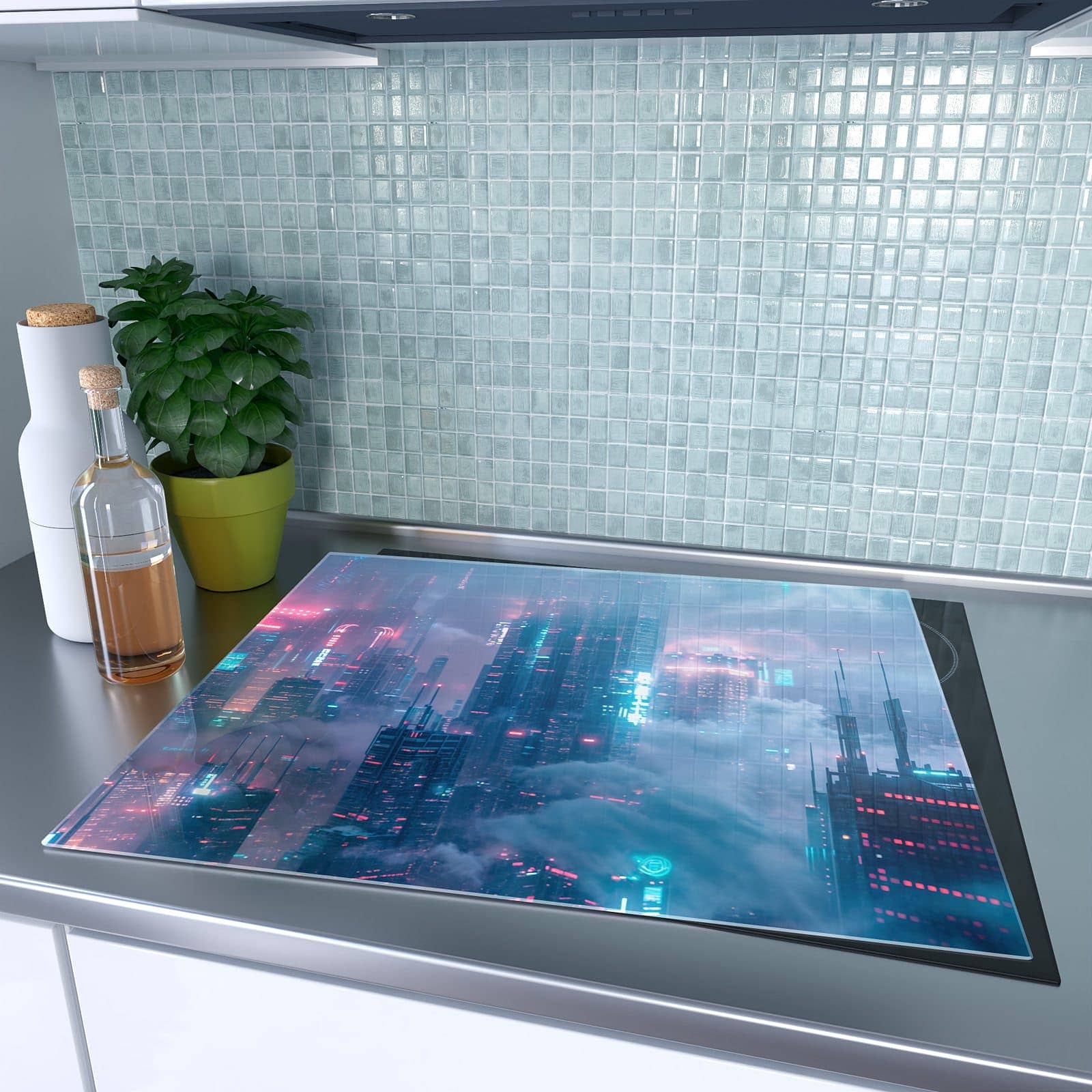 1-teilige Herdabdeckplatte mit Futuristische Stadt-Motiv auf dem Ceranfeld