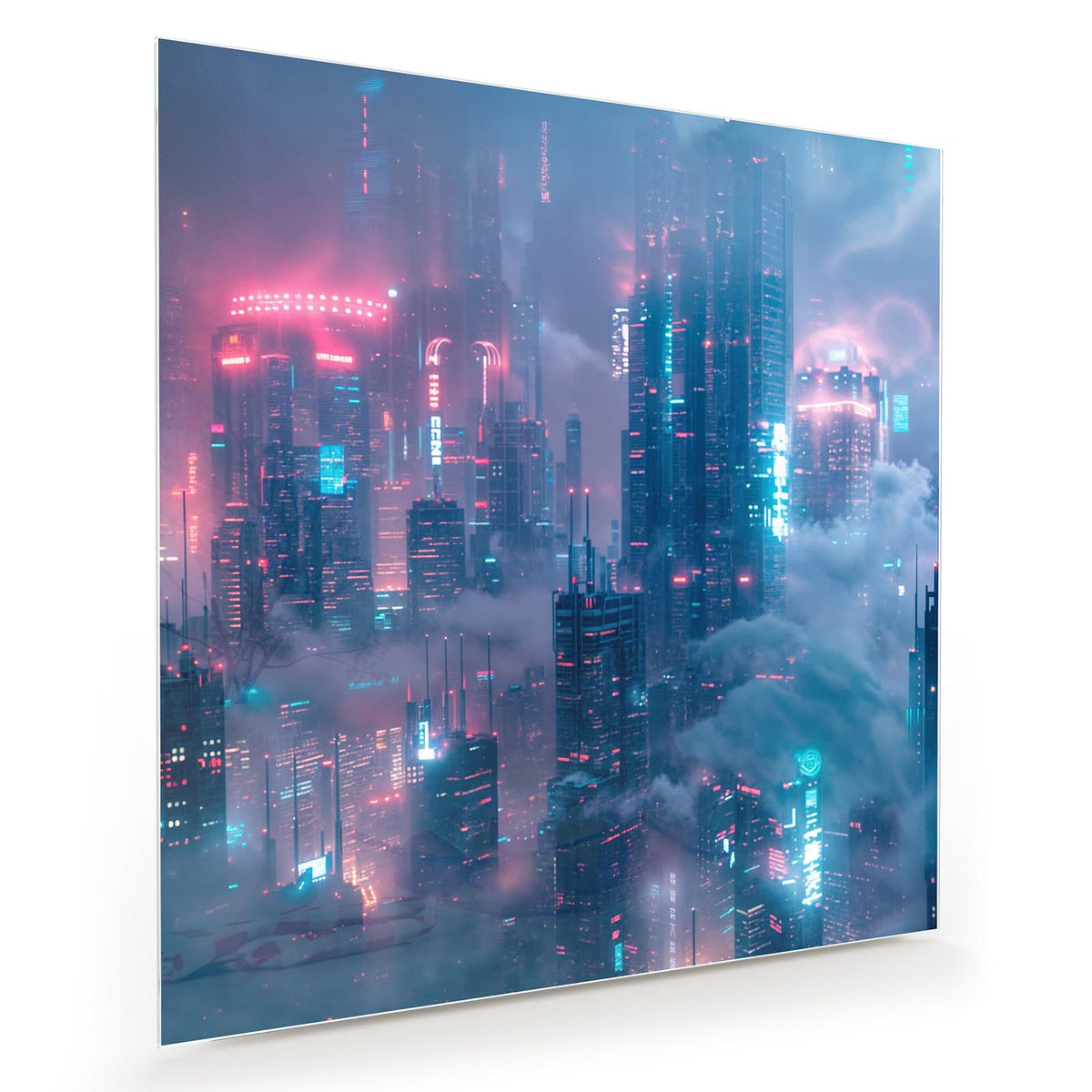 Wolkenkratzer in Nebel, Neonlicht in Pink und Türkis