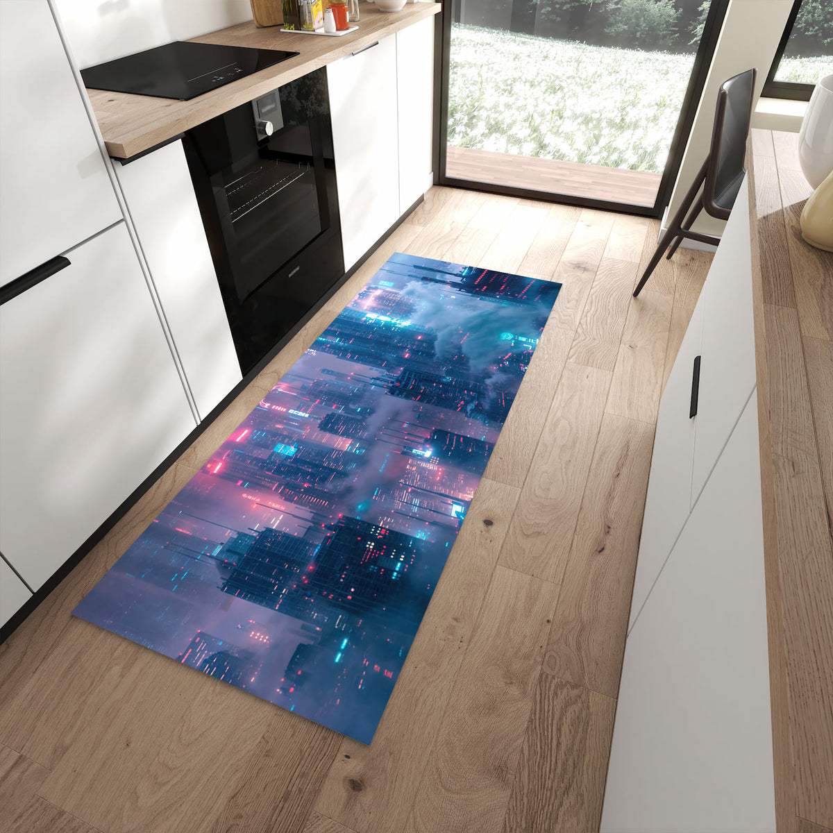 Komfortabler Küchenteppich mit Motiv Futuristische Stadt in moderner Küche