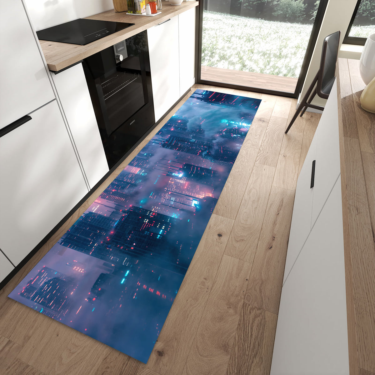 Pflegeleichter Küchenteppich mit Motiv Futuristische Stadt in moderner Küche