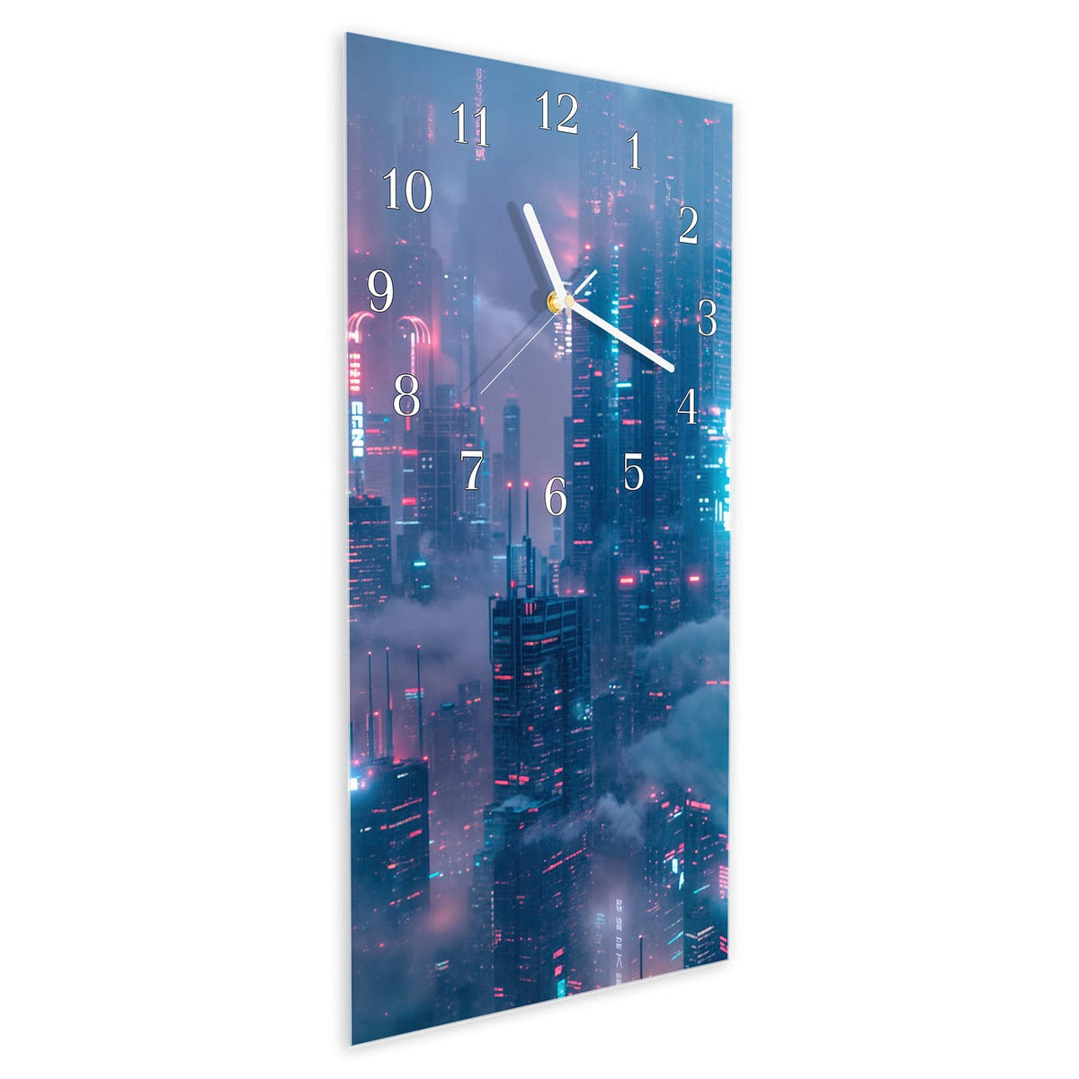 Wanduhr aus Glas im Hochformat Wolkenkratzer in Neon schräg von der Seite, 4 mm starkes Glas