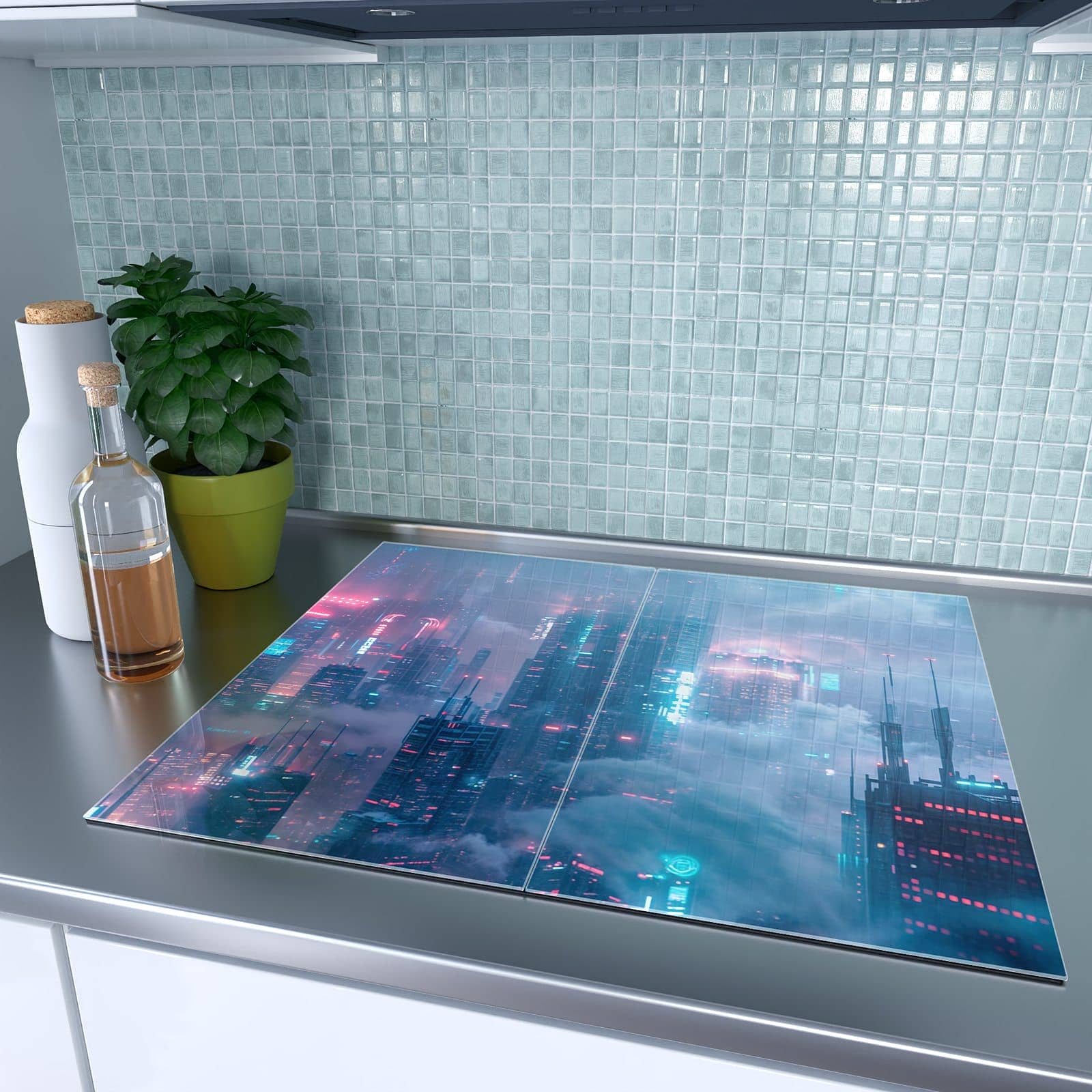 2-teilige Herdabdeckplatte mit Futuristische Stadt-Motiv auf dem Ceranfeld