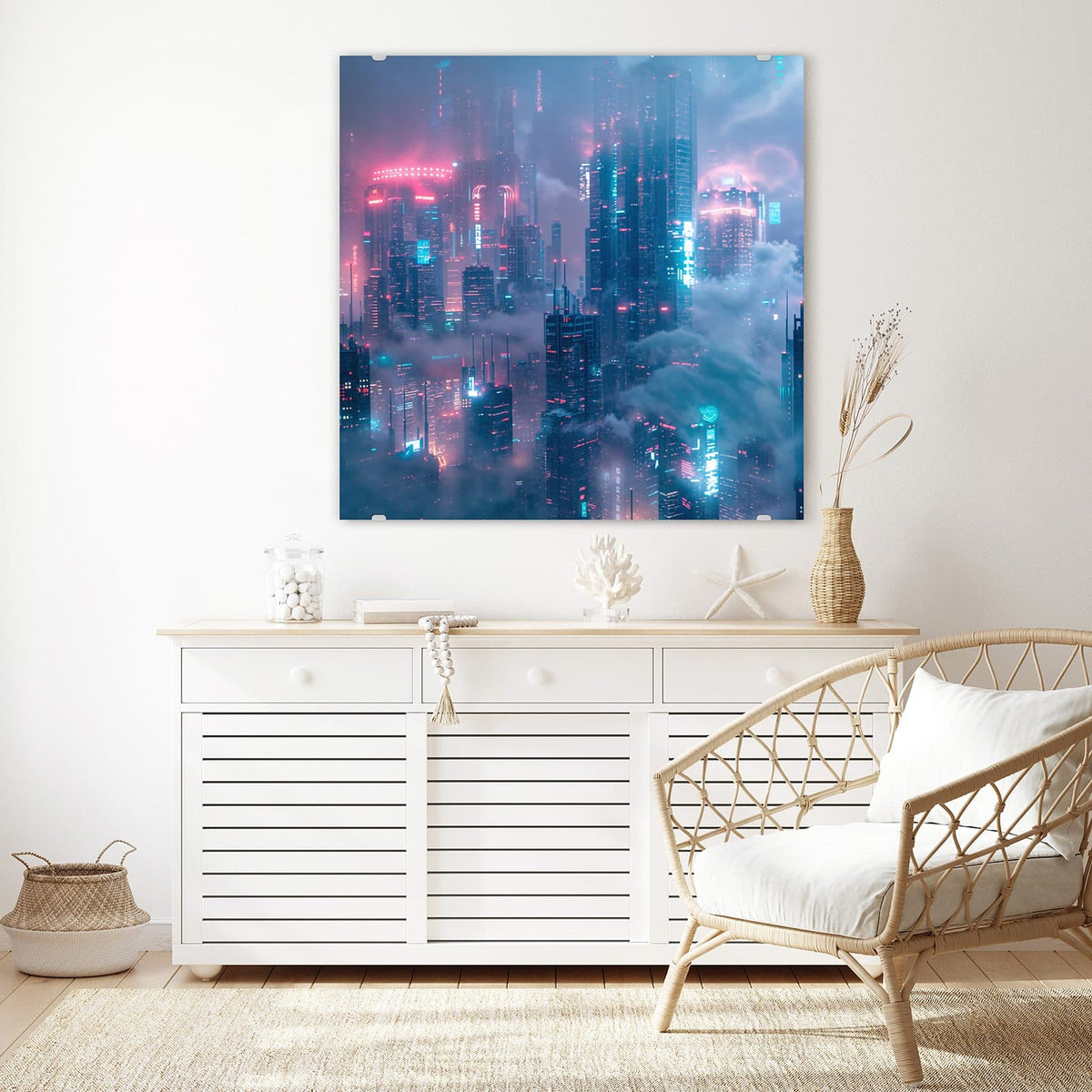 Echtglas, 4 mm – kein Acryl, keine Folie – Wandbild - Wolkenkratzer in Neon - Quadratisch