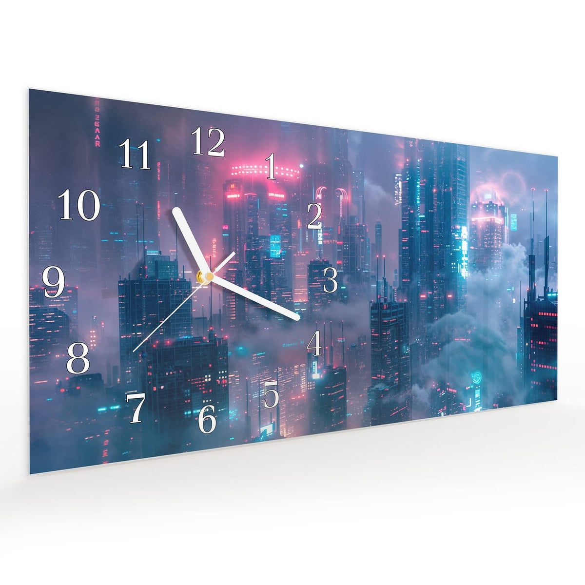 Vormontiert – mit Schwebeeffekt – Wanduhr Futuristische Stadt aus Glas – Querformat 60 × 30 cm