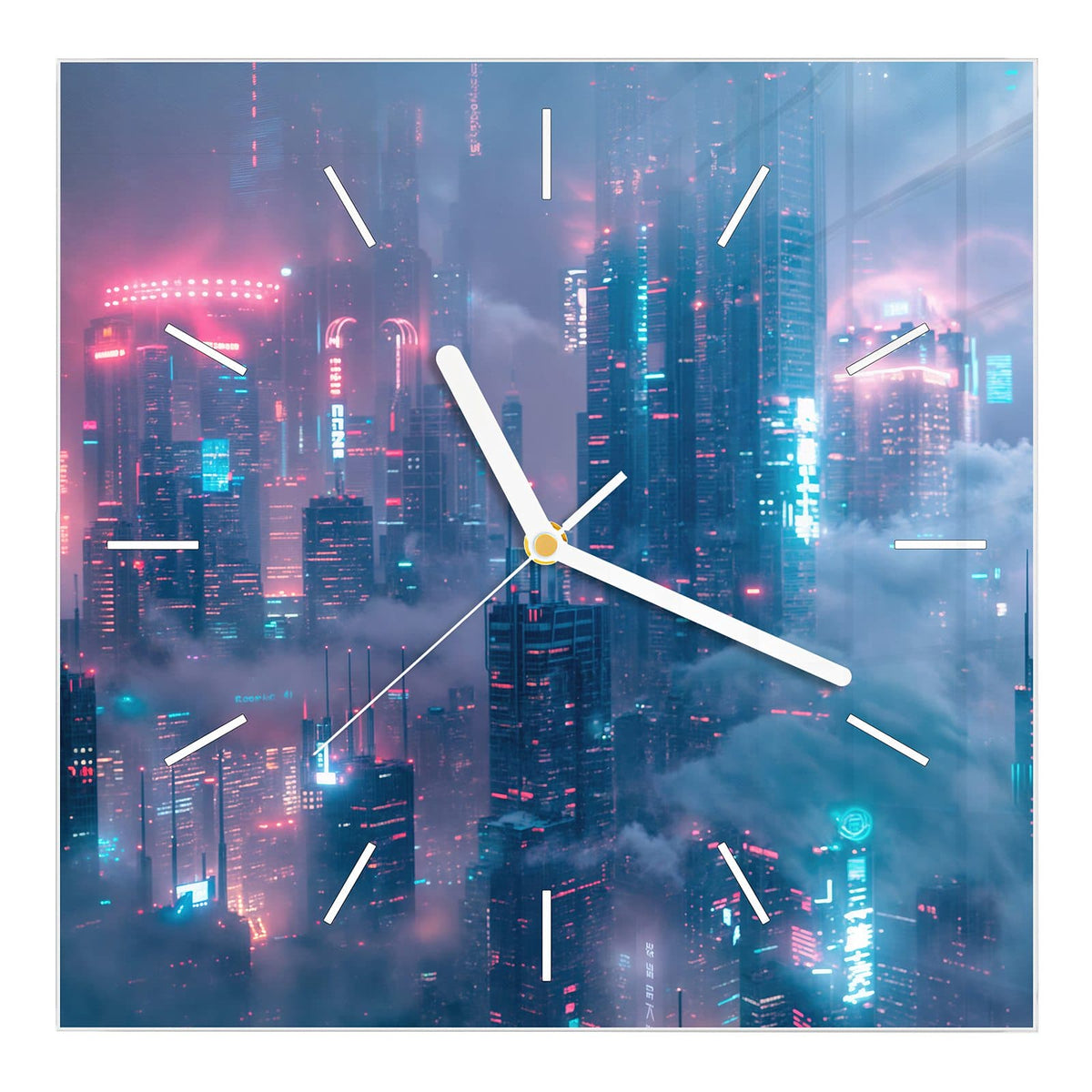 Wanduhr aus Glas, Ziffernblatt Linie: Wolkenkratzer in Nebel, Neonlicht in Pink und Türkis