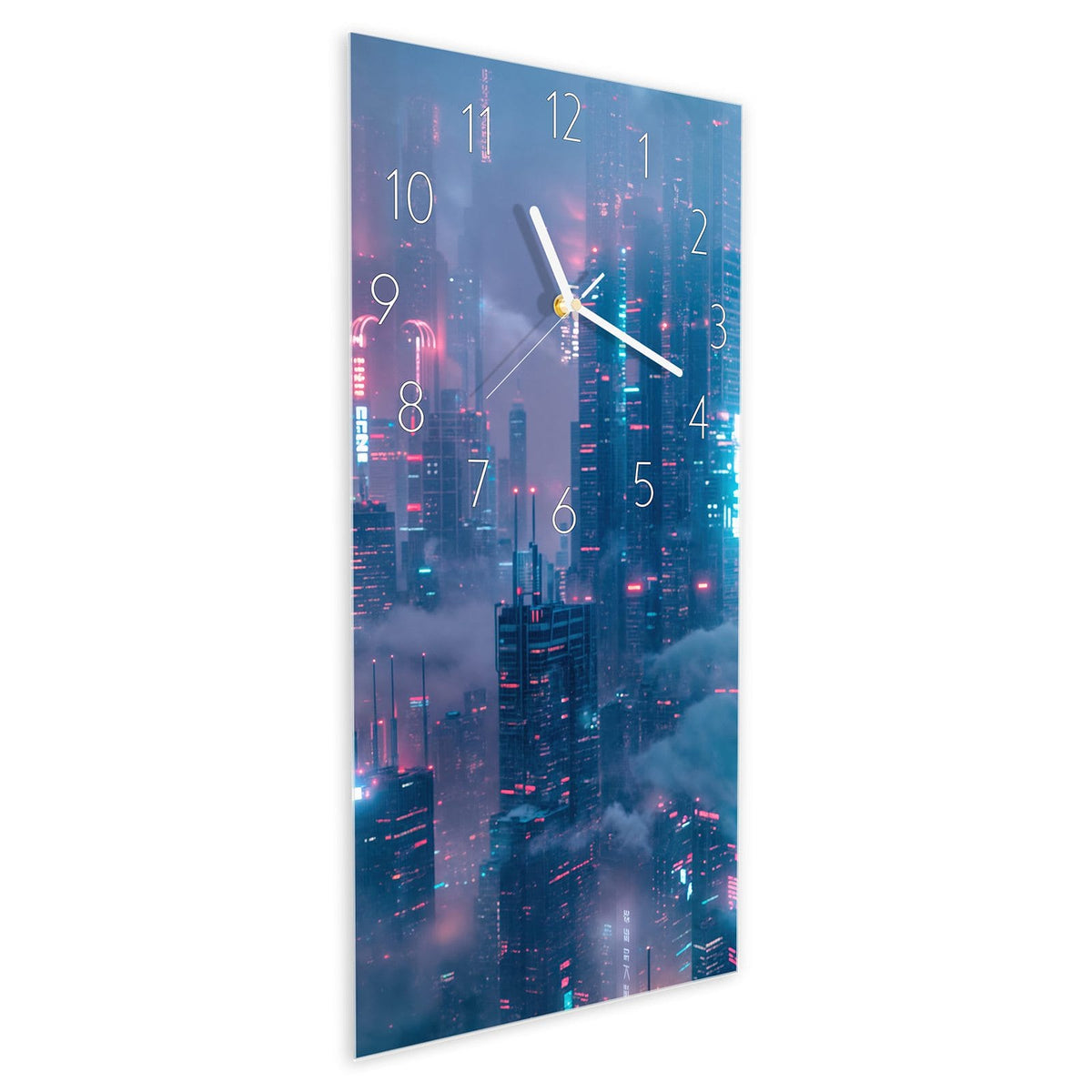 Wanduhr aus Glas im Hochformat Wolkenkratzer in Neon schräg von der Seite, 4 mm starkes Glas