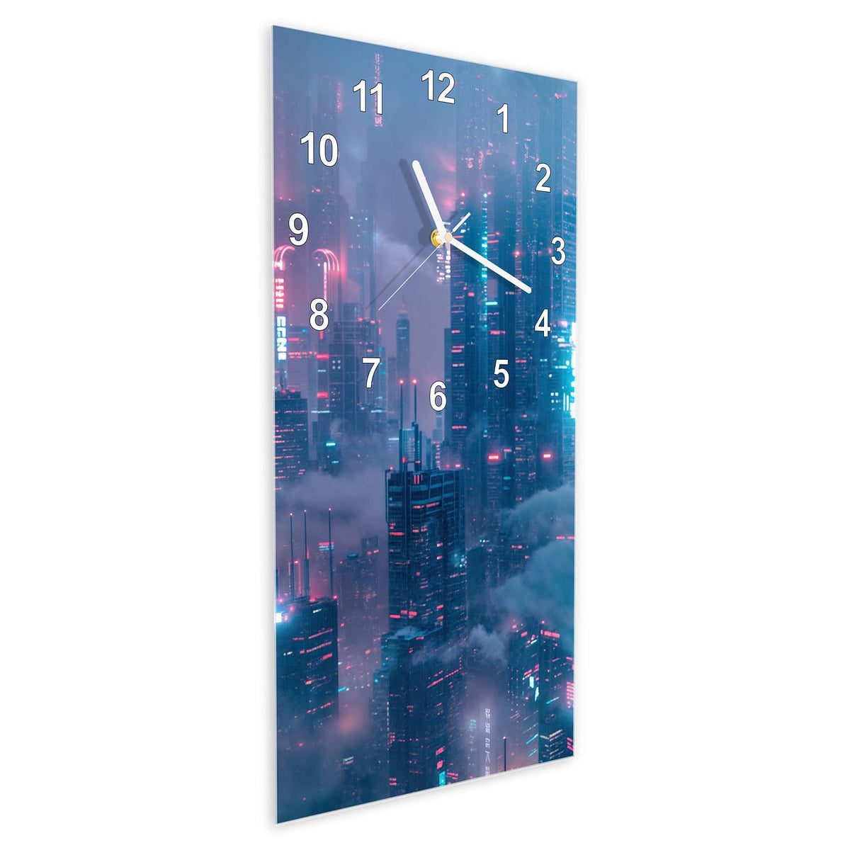 Wanduhr aus Glas im Hochformat Wolkenkratzer in Neon schräg von der Seite, 4 mm starkes Glas