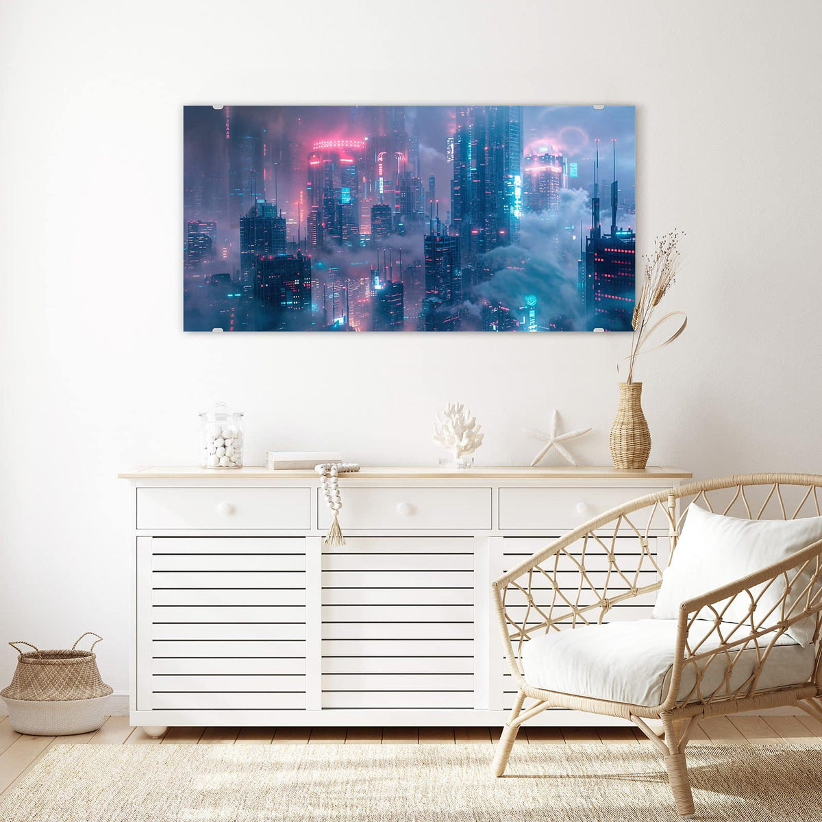 Echtglas, 4 mm – kein Acryl, keine Folie – Wandbild - Wolkenkratzer in Neon - Querformat