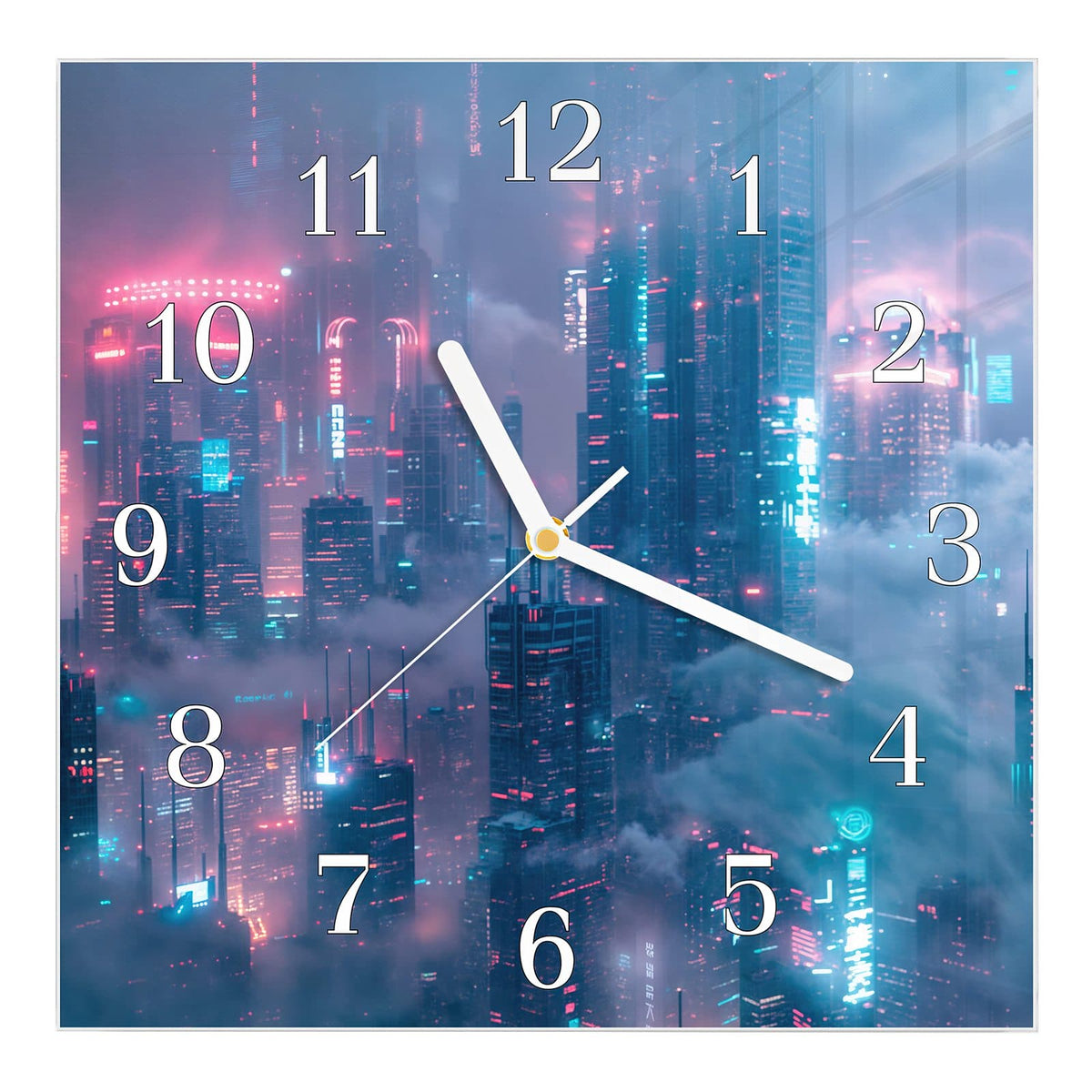 Wanduhr aus Glas, Ziffernblatt Klassisch: Wolkenkratzer in Nebel, Neonlicht in Pink und Türkis