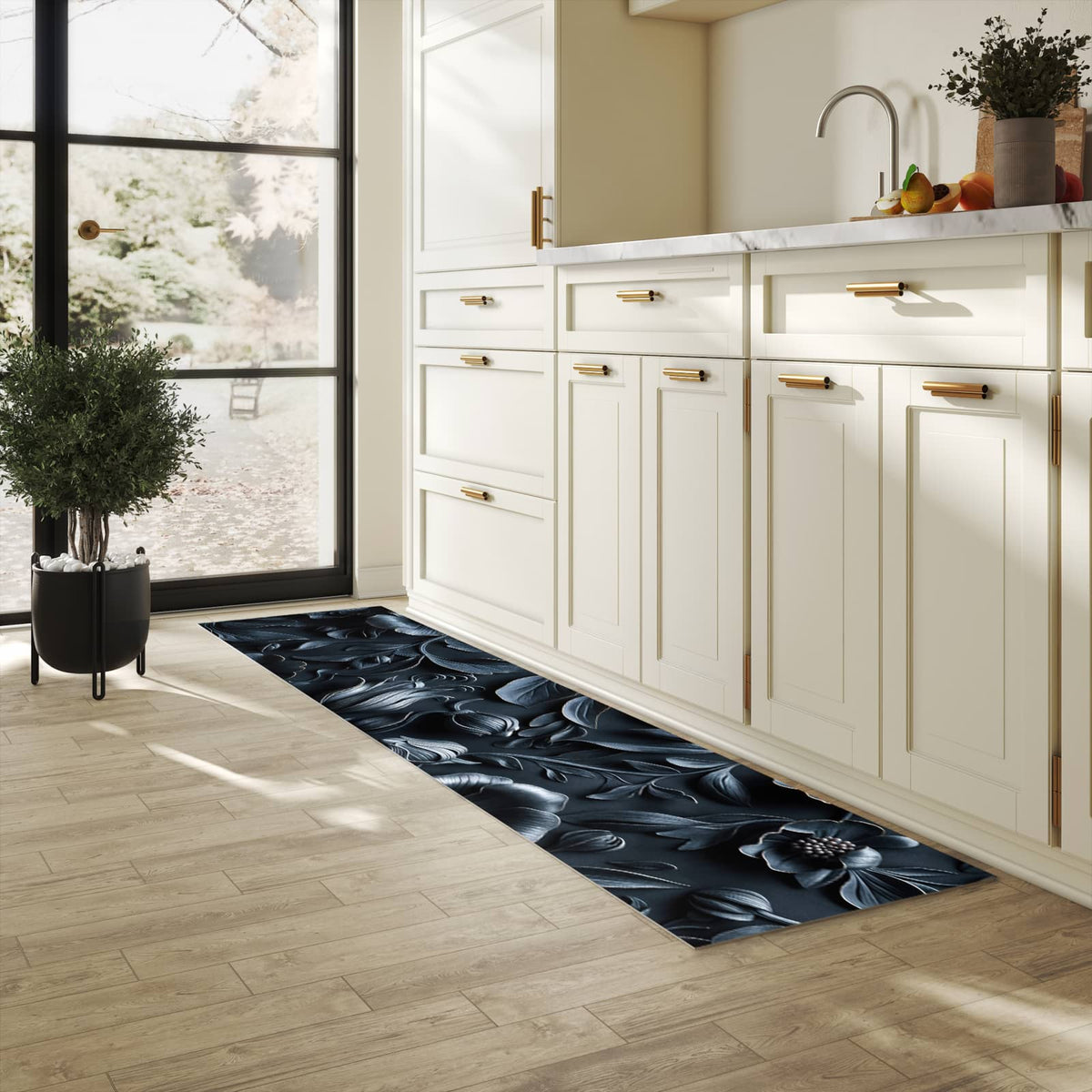 Abriebfester waschbarer Teppich Küche mit Motiv Florales Muster in heller Küche