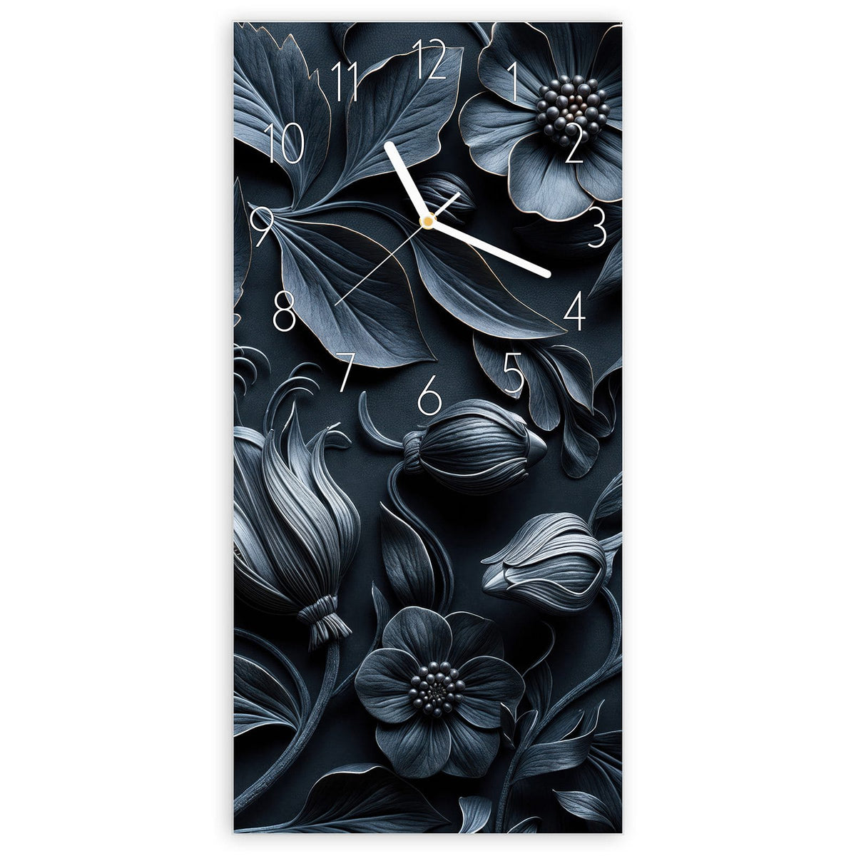 Wanduhr aus Glas, Ziffernblatt Elegant: Plastisch herausgearbeitete Blüten und Blätter in Anthrazit und Dunkelblau, wie ein geschnitztes Relief. #ziffernblatt_Elegant