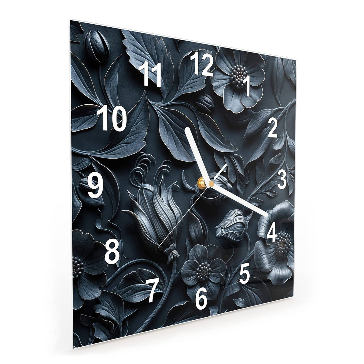 Quadratische Wanduhr aus Glas Relief in Anthrazitblau schräg von der Seite, 4 mm starkes Glas