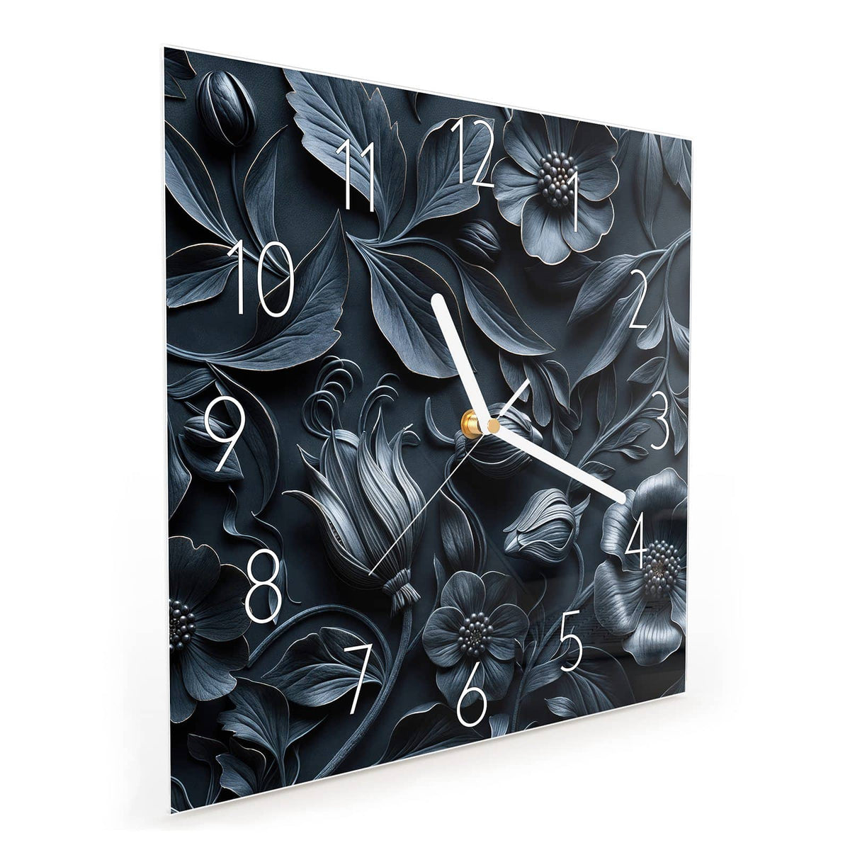 Quadratische Wanduhr aus Glas Relief in Anthrazitblau schräg von der Seite, 4 mm starkes Glas