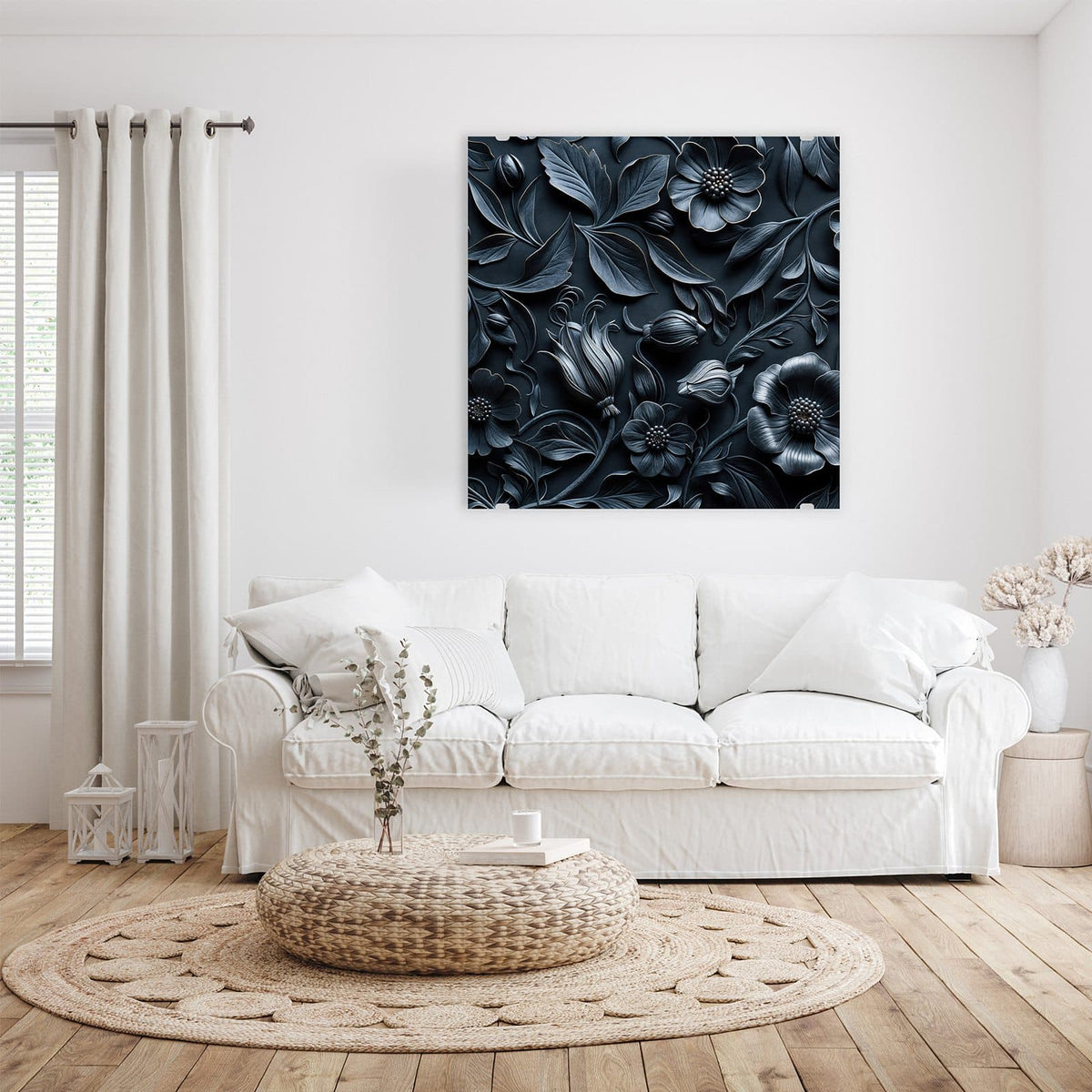 Glasbild Relief in Anthrazitblau an der Wand – Plastisch herausgearbeitete Blüten und Blätter in Anthrazit und Dunkelblau, wie ein geschnitztes Relief.