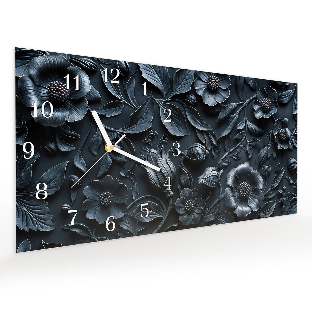 Vormontiert – mit Schwebeeffekt – Wanduhr Florales Muster aus Glas – Querformat 60 × 30 cm