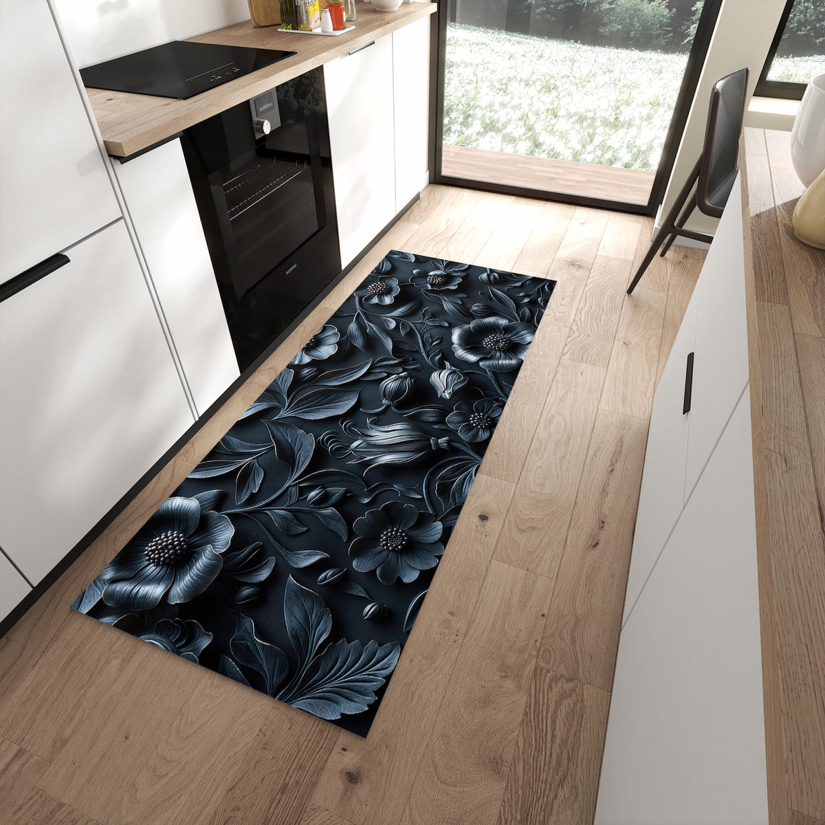 Waschbarer Küchenläufer mit Motiv Florales Muster in moderner Küche für sicheres Aufbewahren