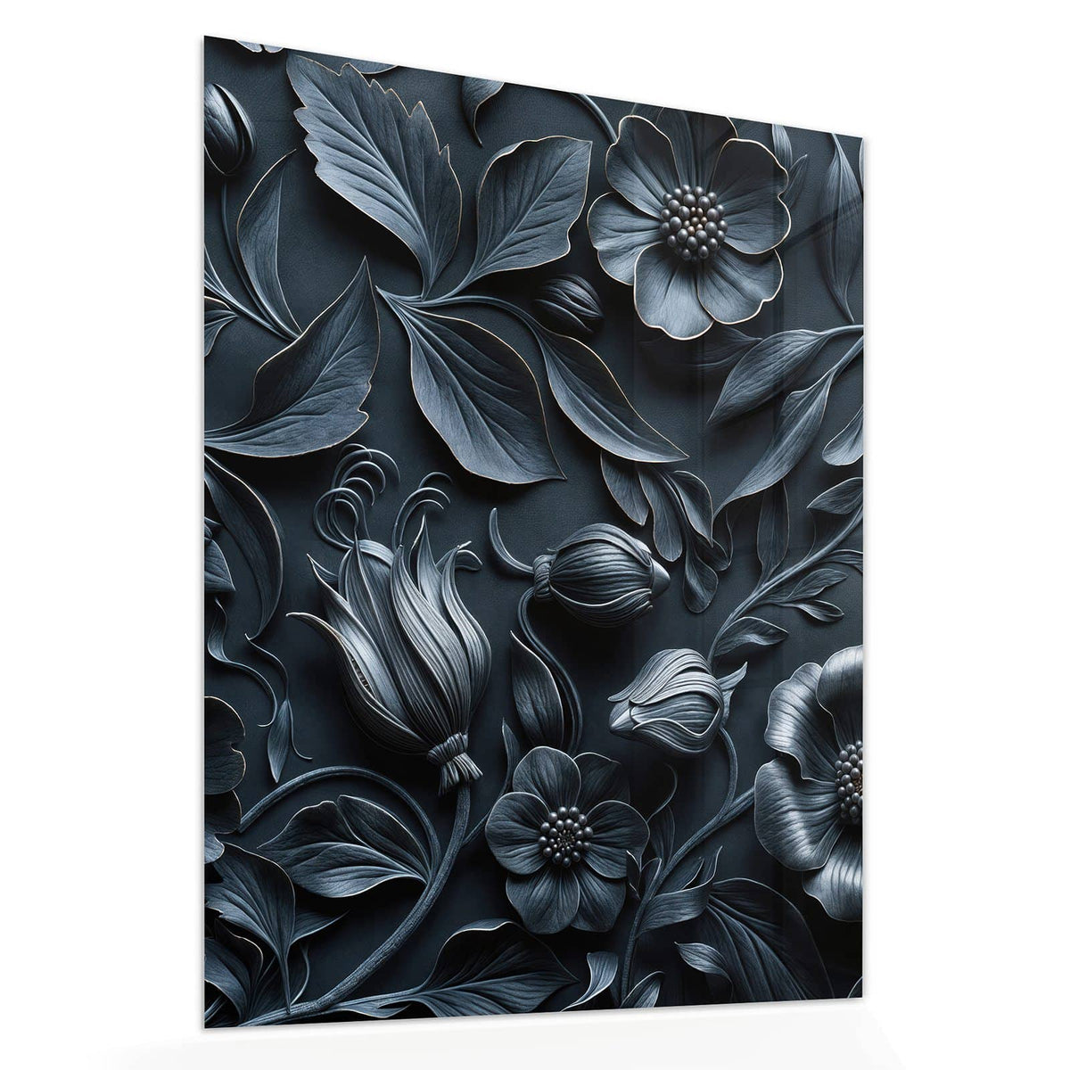 Echtglas, 4 mm – kein Acryl, keine Folie – Wandbild - Relief in Anthrazitblau - Hochformat