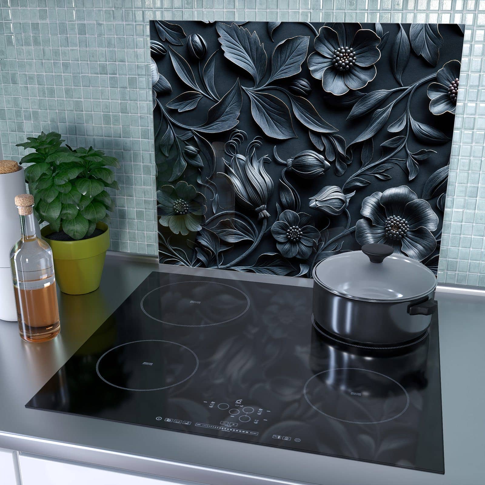 1-teilige Herdabdeckplatte mit Florales Muster-Motiv als Spritzschutz hinter dem Kochfeld