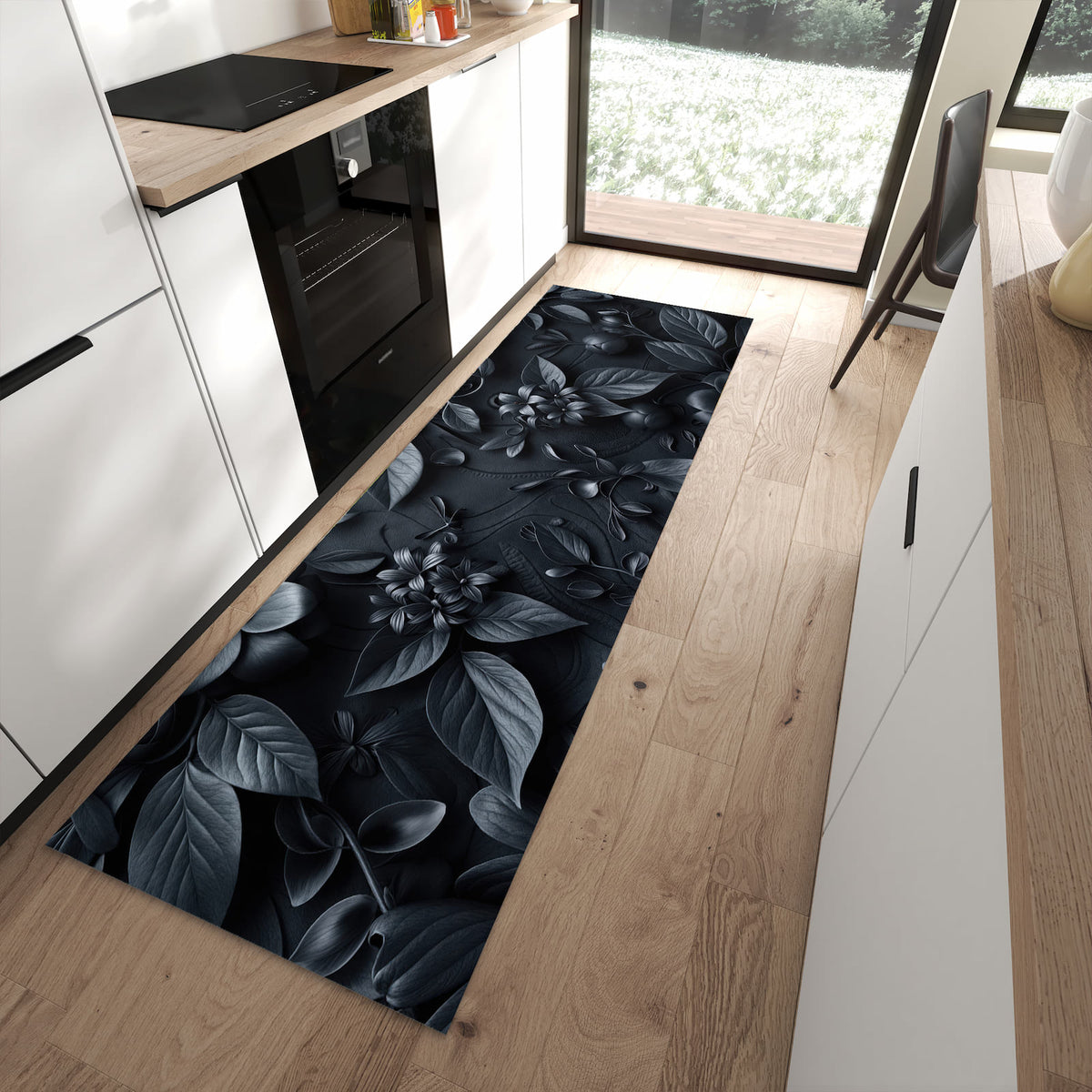 Küchenteppich mit Motiv Blumenmuster Dunkel für angenehme Haptik in moderner Küche