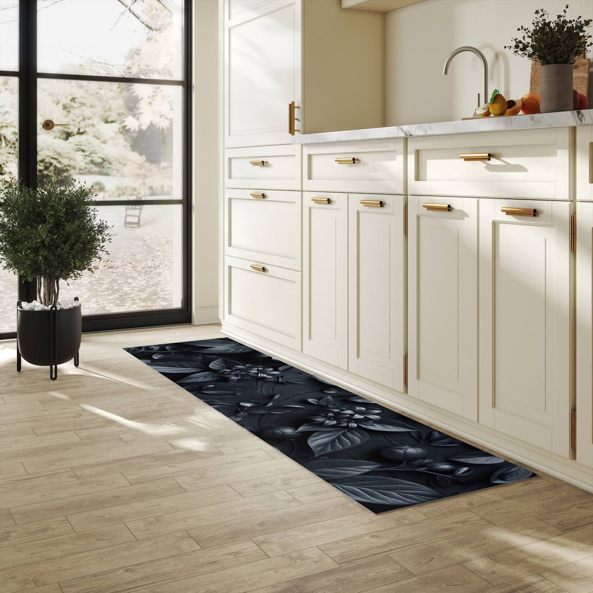 Hygienischer Küchenteppich mit Motiv Blumenmuster Dunkel in heller Küche - abwaschbar