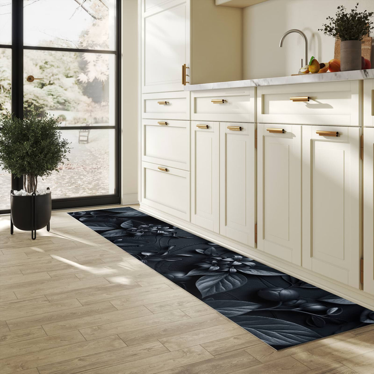 Waschbarer Küchenteppich mit Motiv Blumenmuster Dunkel in heller Küche
